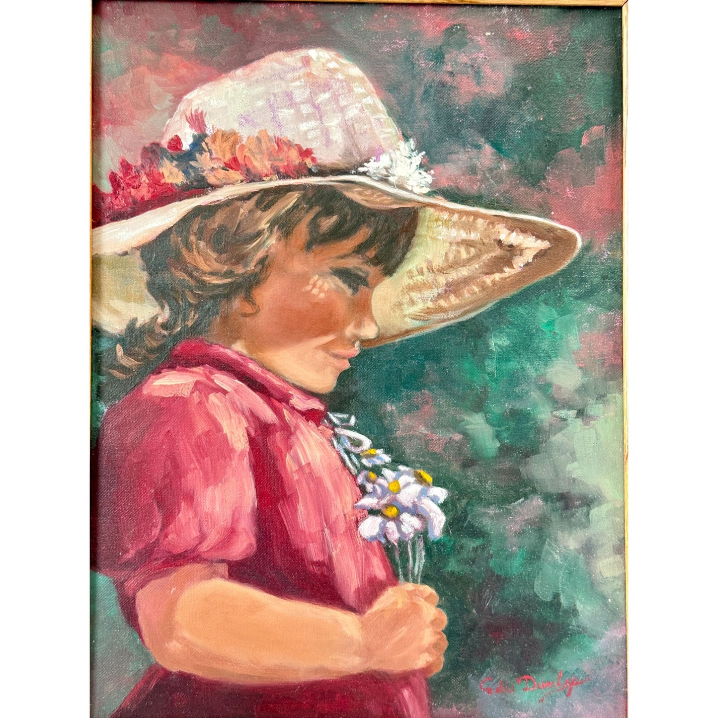 Oil Painting of Little Girl Holding Flower, Smiling Face, On Canvas13x17"