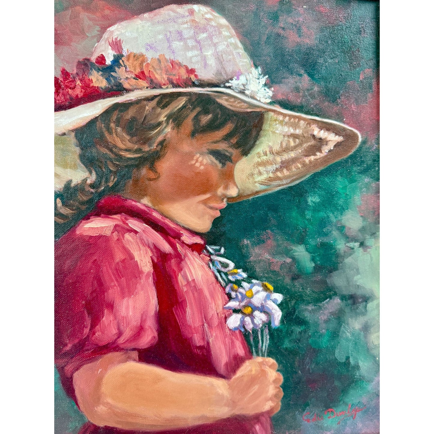 Oil Painting of Little Girl Holding Flower, Smiling Face, On Canvas13x17"