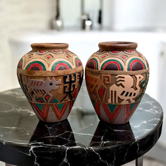 Handcrafted Peruvian Vases, Geometric Animal Motifs, Earth Tones 9" Tall