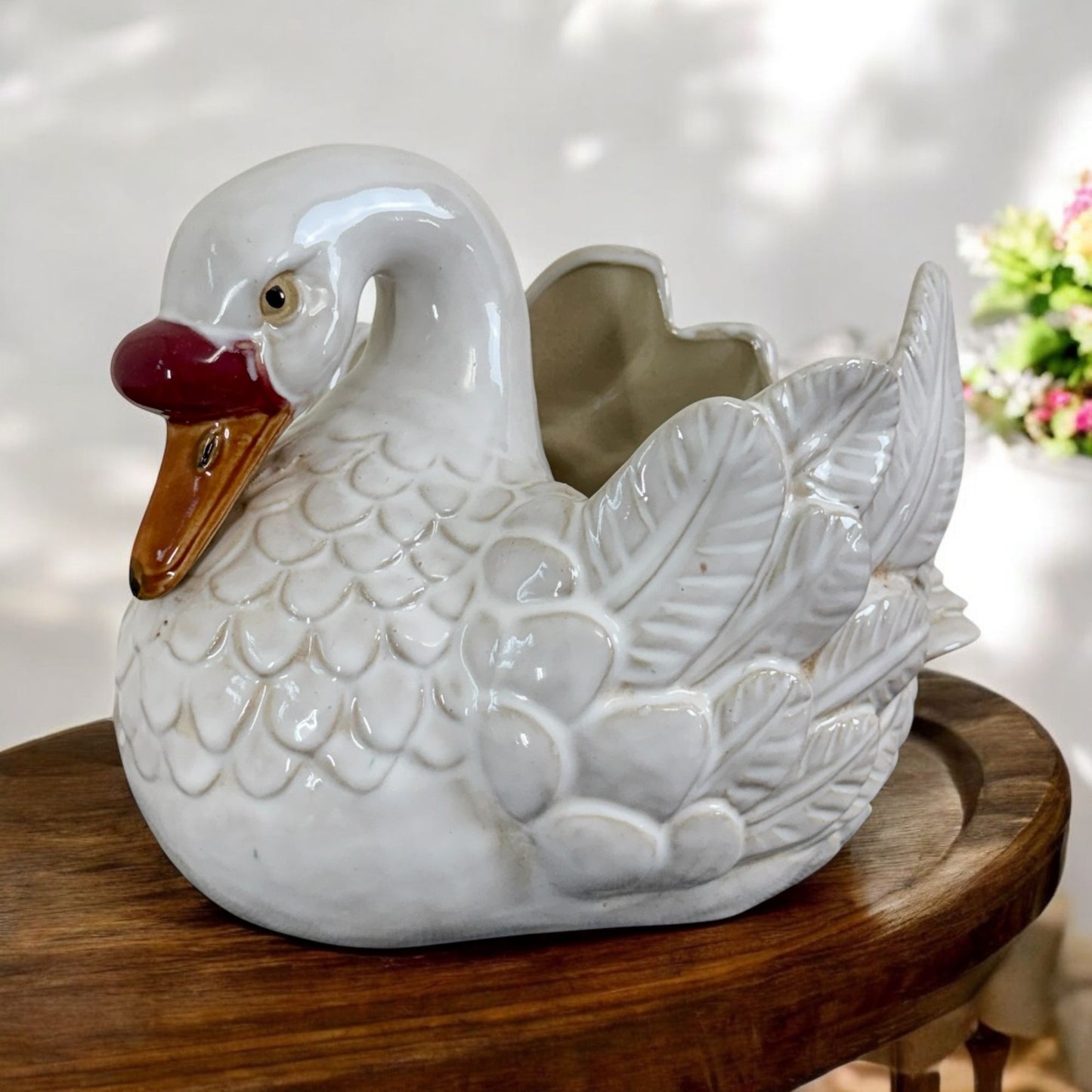 Vintage 1964 Large Ceramic Glazes Goose Plant Holder Hand Painting 13.5"