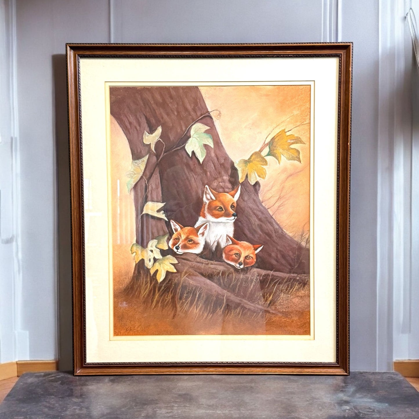 Vintage Unique Framed Fox Family Original Painting Artwork 22"x 25"