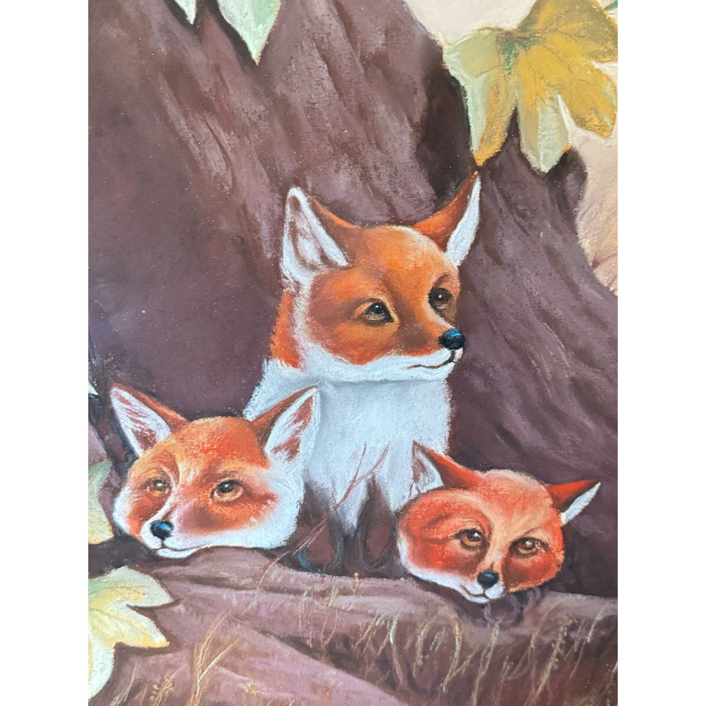 Vintage Unique Framed Fox Family Original Painting Artwork 22"x 25"