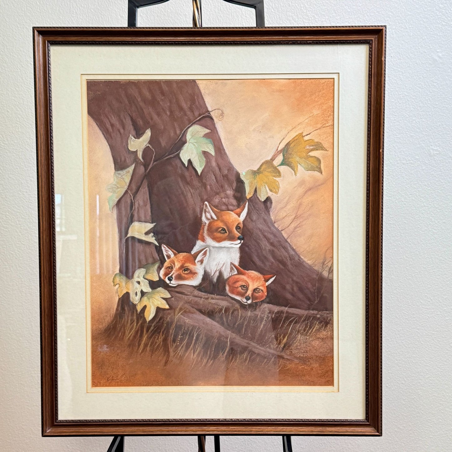 Vintage Unique Framed Fox Family Original Painting Artwork 22"x 25"