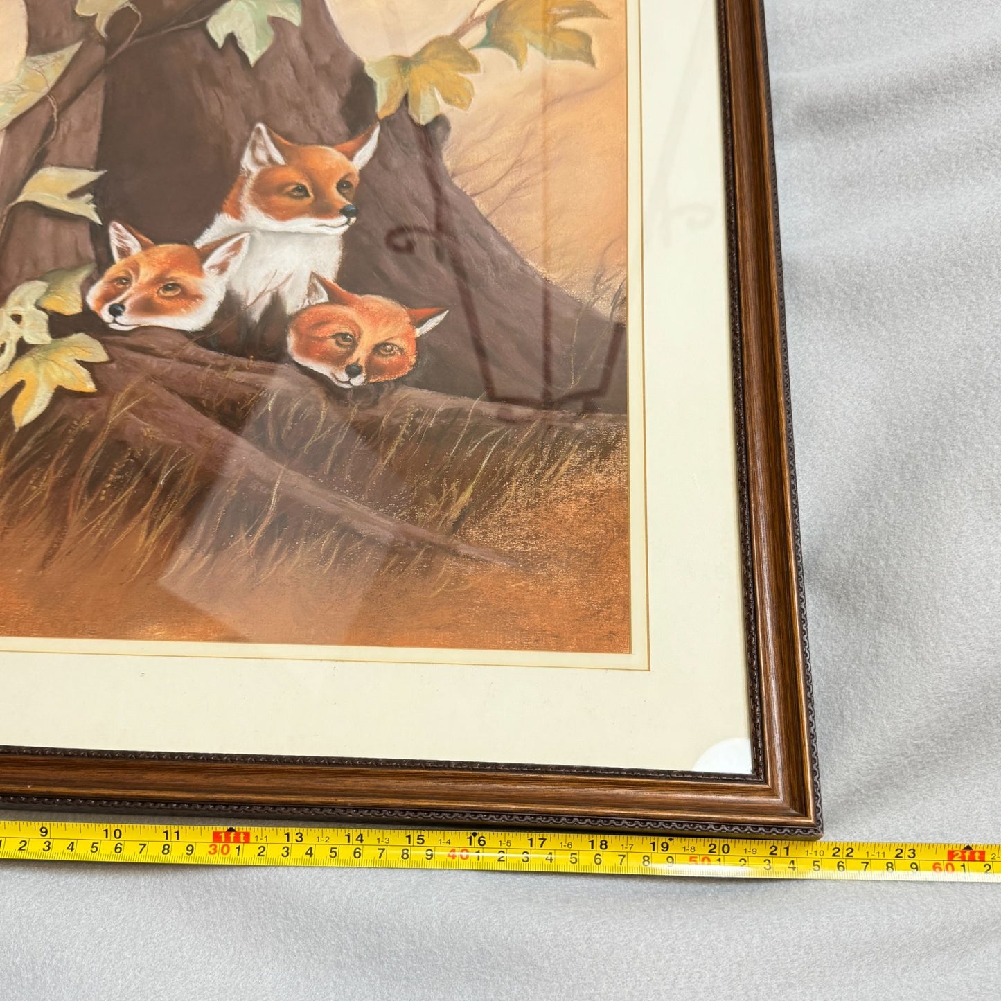 Vintage Unique Framed Fox Family Original Painting Artwork 22"x 25"