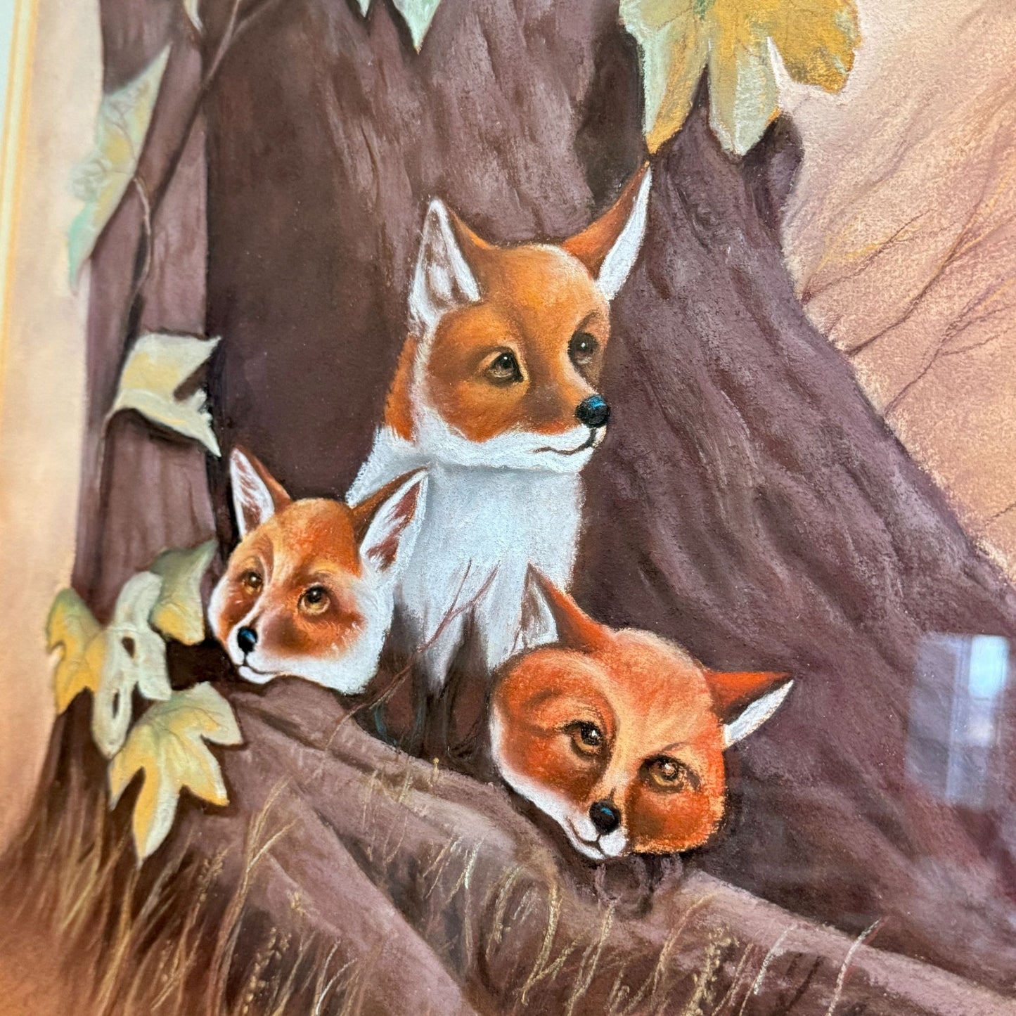 Vintage Unique Framed Fox Family Original Painting Artwork 22"x 25"