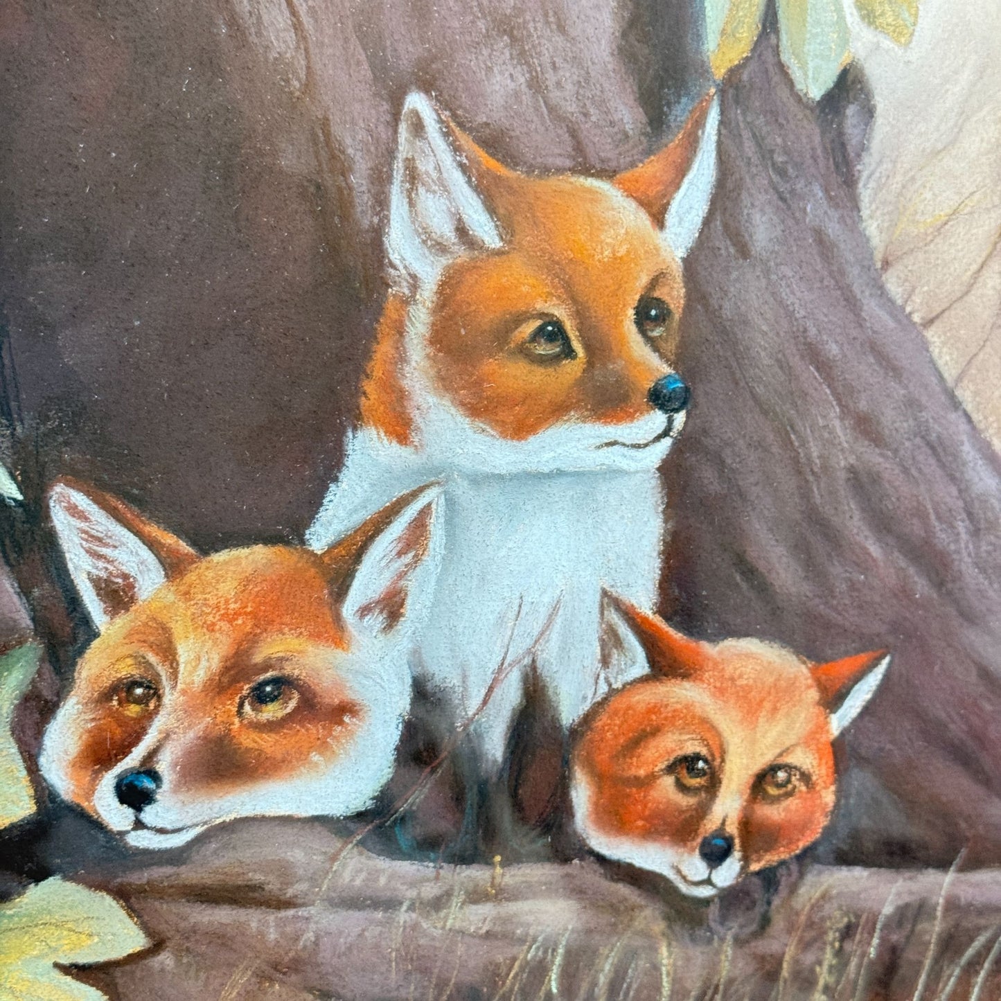 Vintage Unique Framed Fox Family Original Painting Artwork 22"x 25"