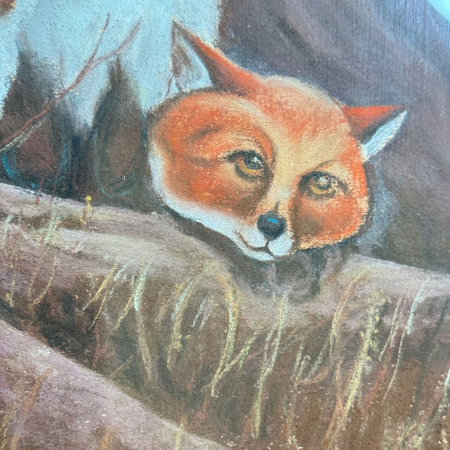 Vintage Unique Framed Fox Family Original Painting Artwork 22"x 25"