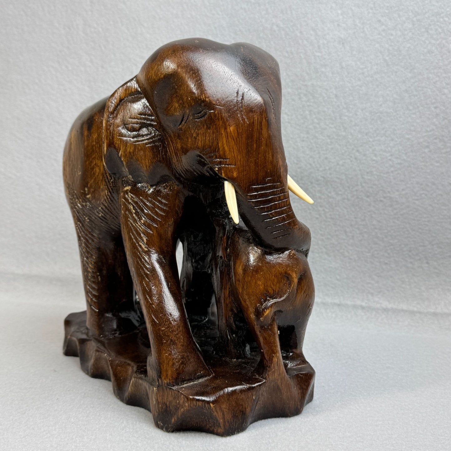 Vintage Asian Hand Carved Figurine Wooden Elephant with Baby Figurine 9.5" Tall