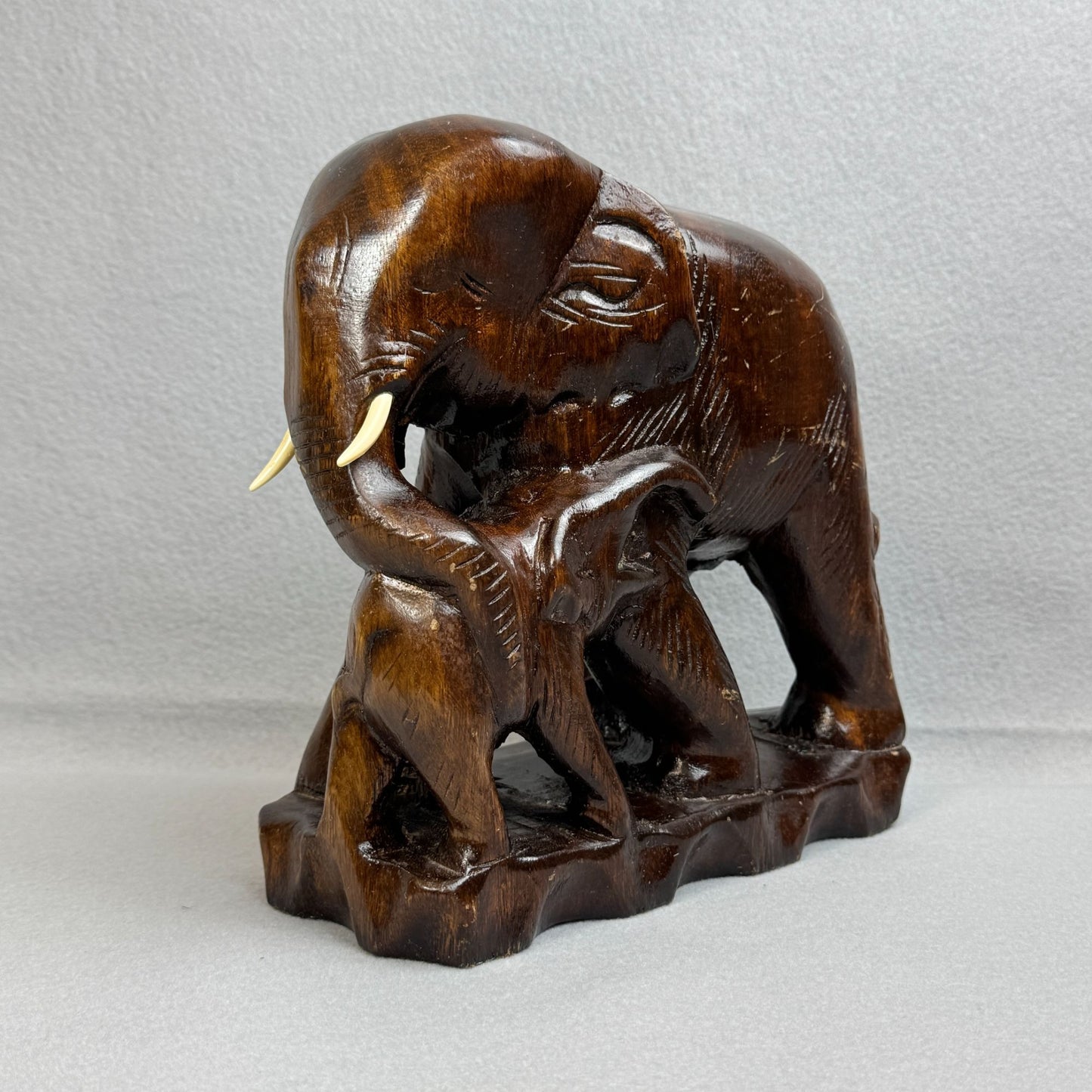 Vintage Asian Hand Carved Figurine Wooden Elephant with Baby Figurine 9.5" Tall