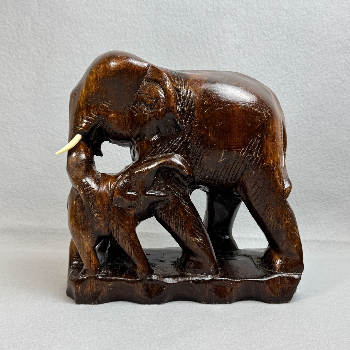 Vintage Asian Hand Carved Figurine Wooden Elephant with Baby Figurine 9.5" Tall