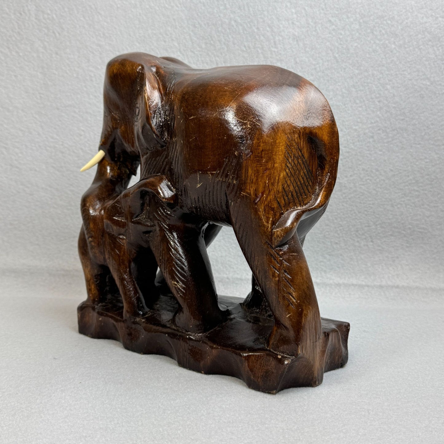 Vintage Asian Hand Carved Figurine Wooden Elephant with Baby Figurine 9.5" Tall