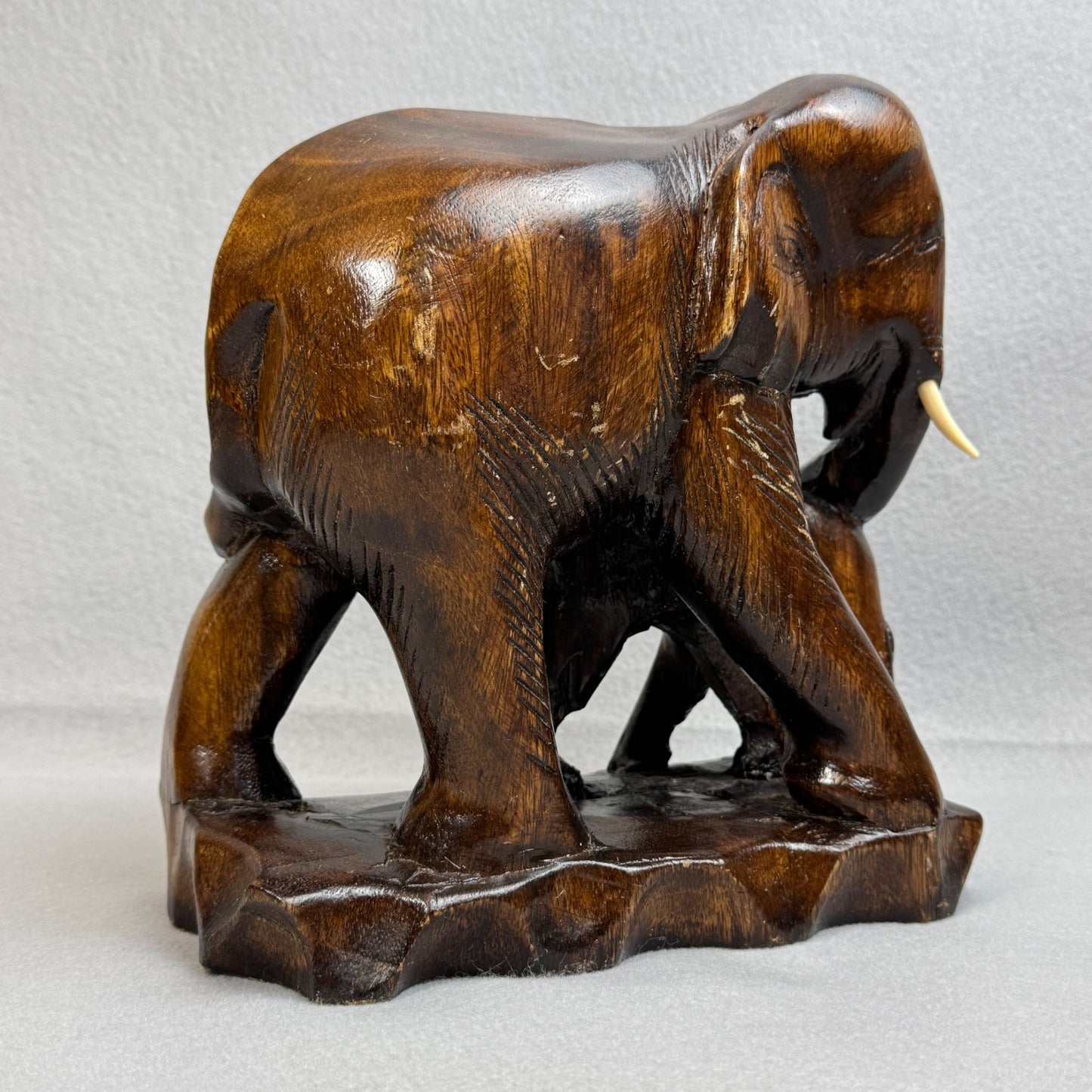 Vintage Asian Hand Carved Figurine Wooden Elephant with Baby Figurine 9.5" Tall