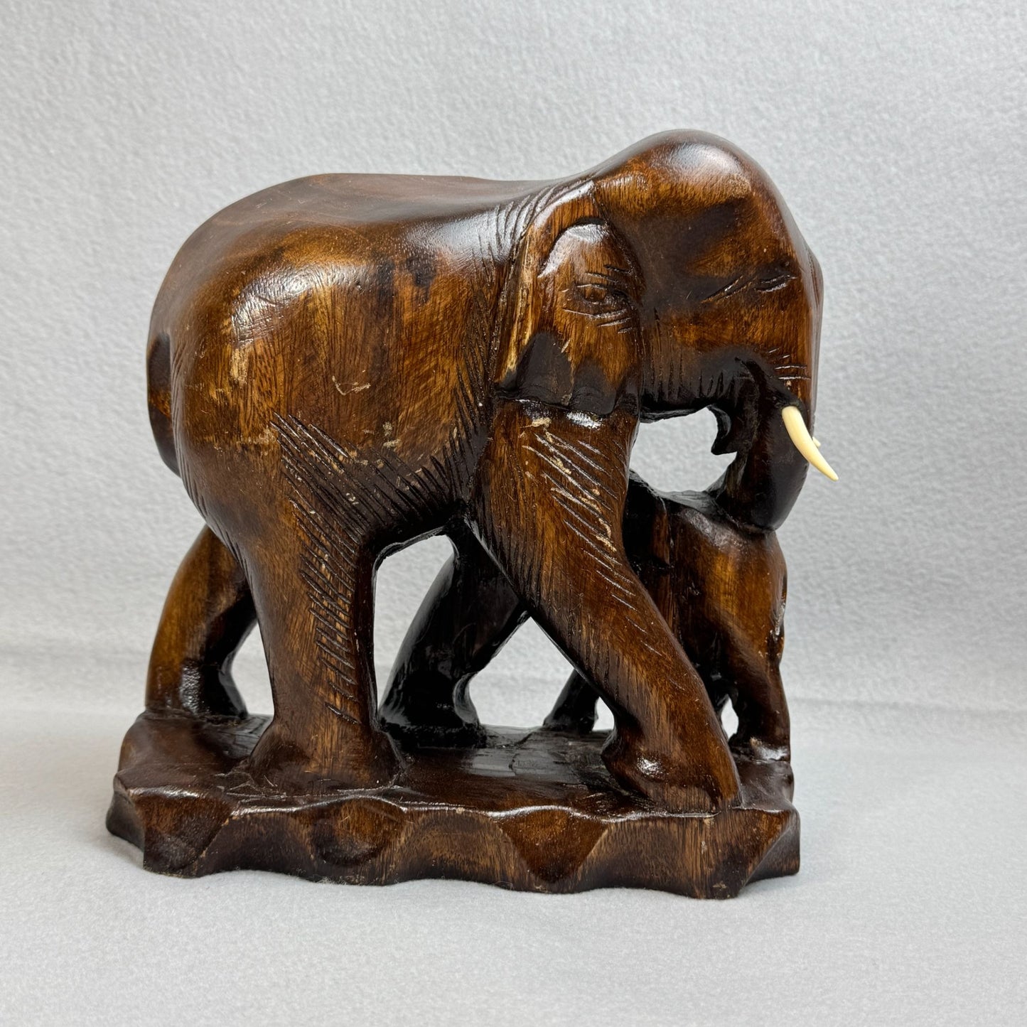 Vintage Asian Hand Carved Figurine Wooden Elephant with Baby Figurine 9.5" Tall