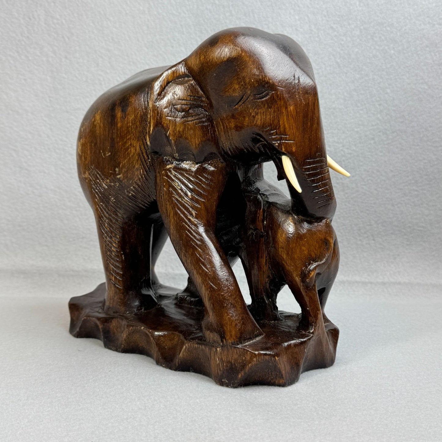 Vintage Asian Hand Carved Figurine Wooden Elephant with Baby Figurine 9.5" Tall