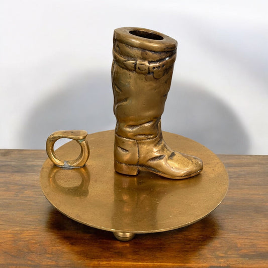 Vintage Solid Brass Cowboy Boots Candle Holder Chamberstick, 19th Century