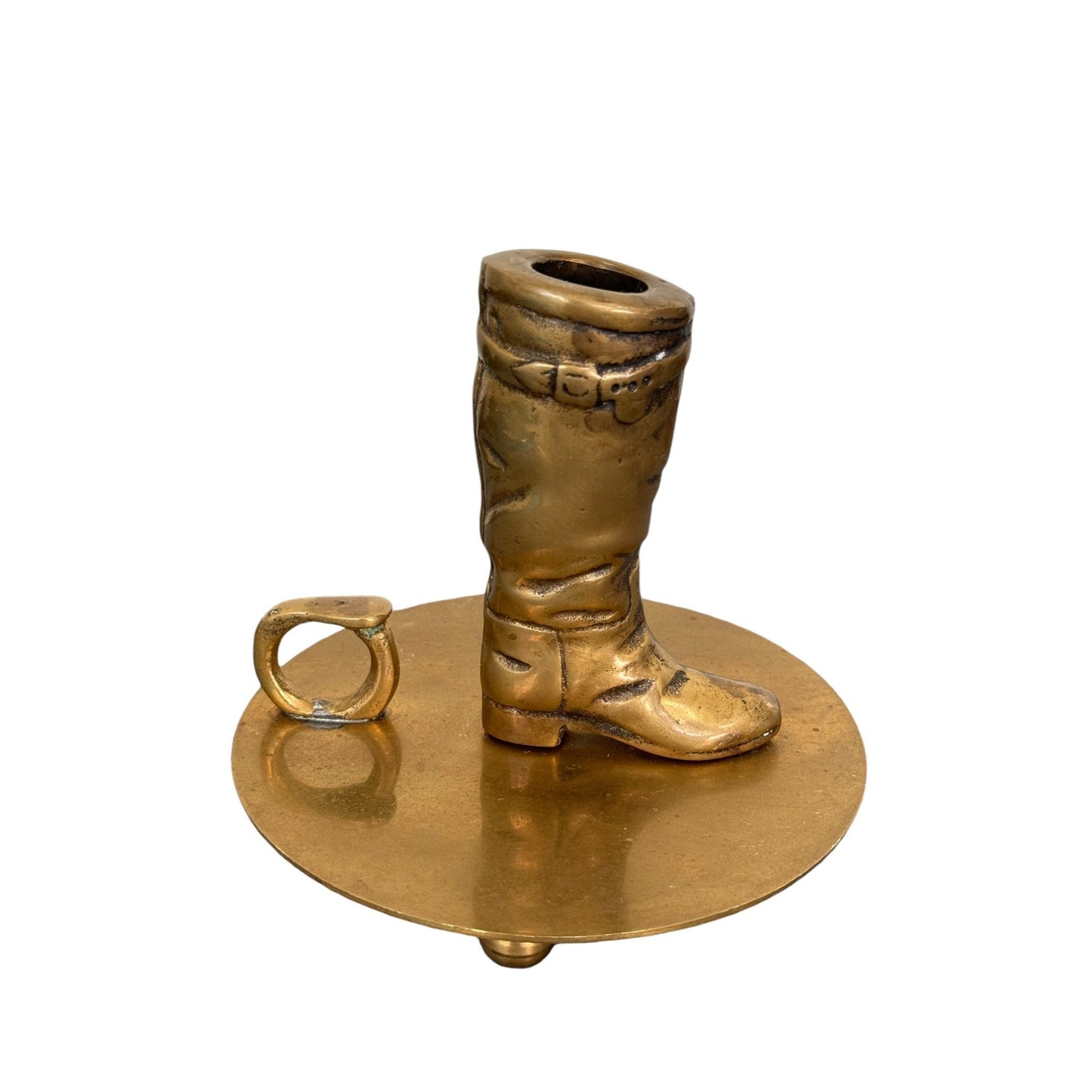 Vintage Solid Brass Cowboy Boots Candle Holder Chamberstick, 19th Century