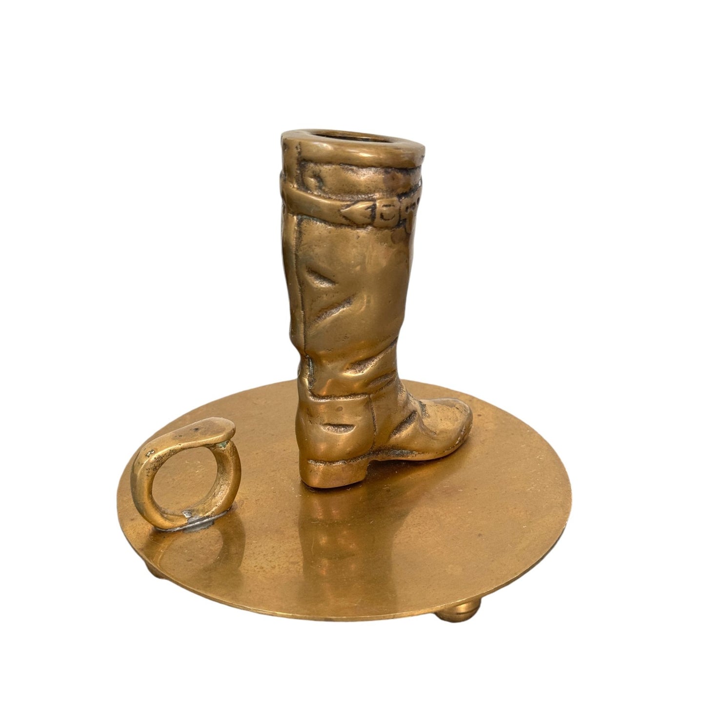 Vintage Solid Brass Cowboy Boots Candle Holder Chamberstick, 19th Century