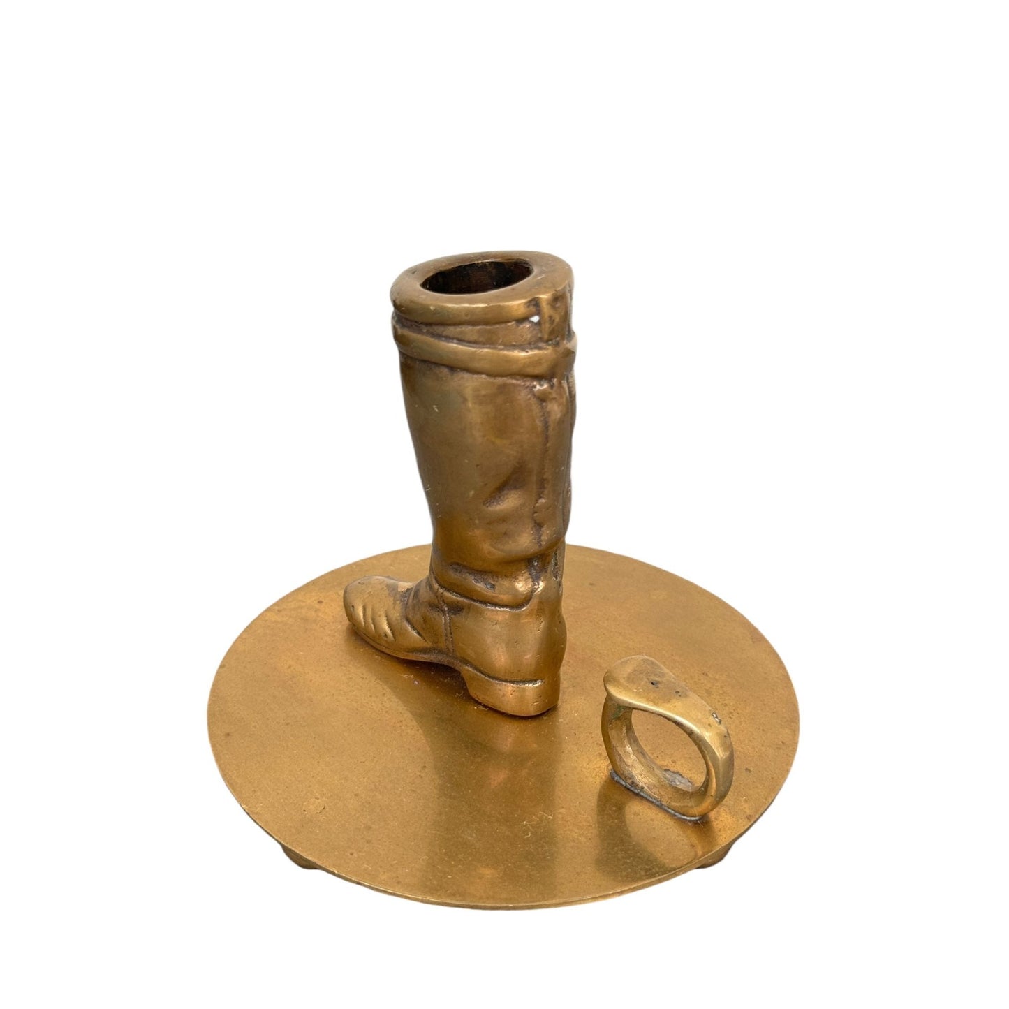 Vintage Solid Brass Cowboy Boots Candle Holder Chamberstick, 19th Century