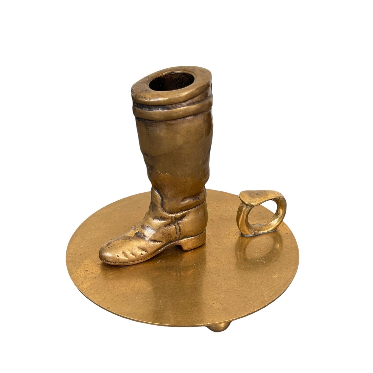 Vintage Solid Brass Cowboy Boots Candle Holder Chamberstick, 19th Century