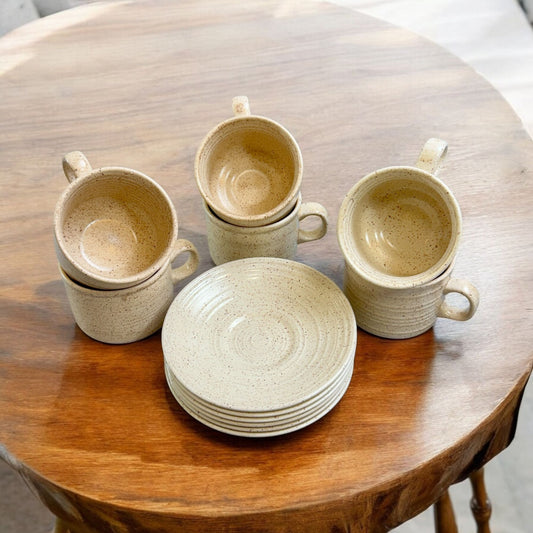 Set of 6 Churchill England Homespun Cream Speckled Stoneware Cups and Saucers