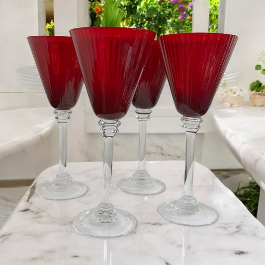 Elegant Fluted and Ribbed Ruby Red Wine Glasses with Clear Stems, Set of 4