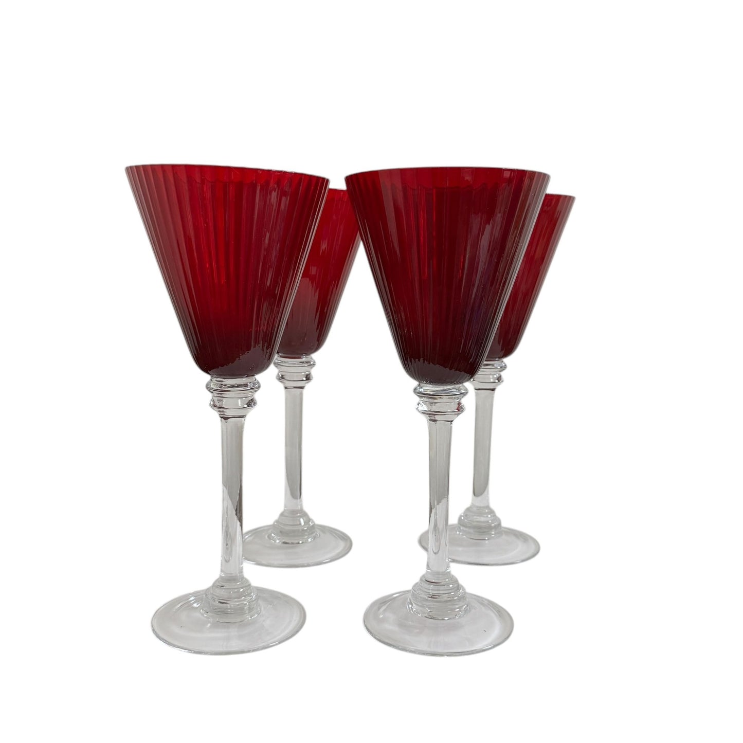 Elegant Fluted and Ribbed Ruby Red Wine Glasses with Clear Stems, Set of 4