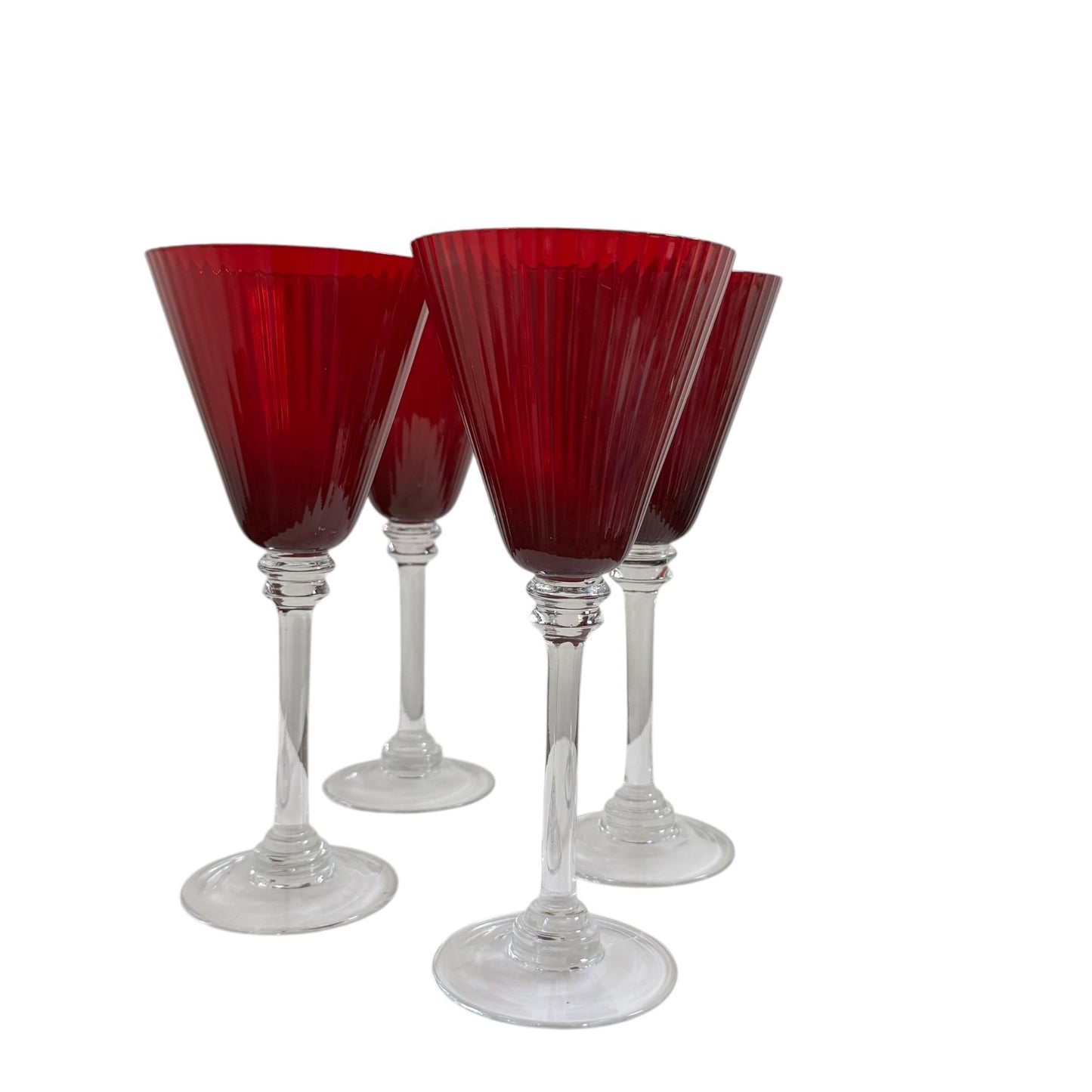 Elegant Fluted and Ribbed Ruby Red Wine Glasses with Clear Stems, Set of 4