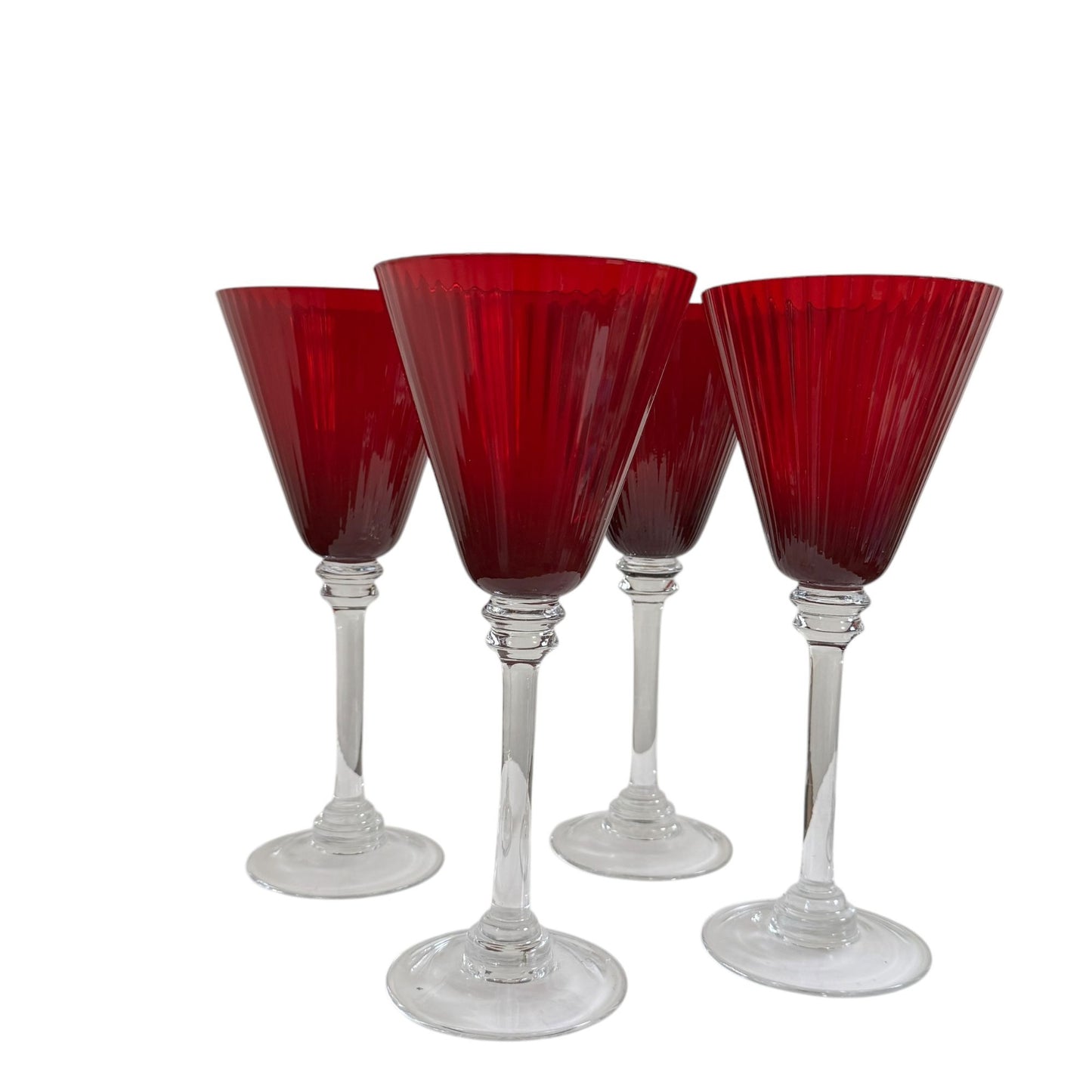 Elegant Fluted and Ribbed Ruby Red Wine Glasses with Clear Stems, Set of 4