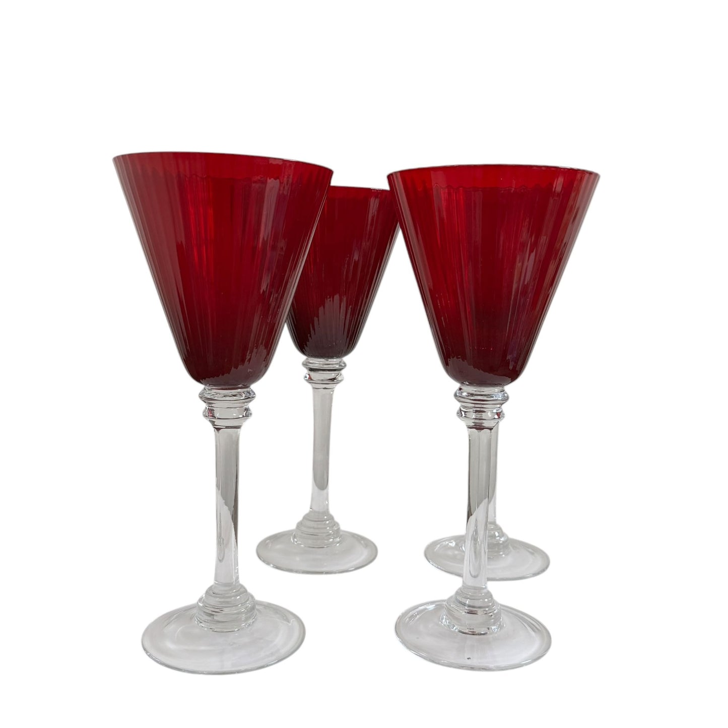 Elegant Fluted and Ribbed Ruby Red Wine Glasses with Clear Stems, Set of 4