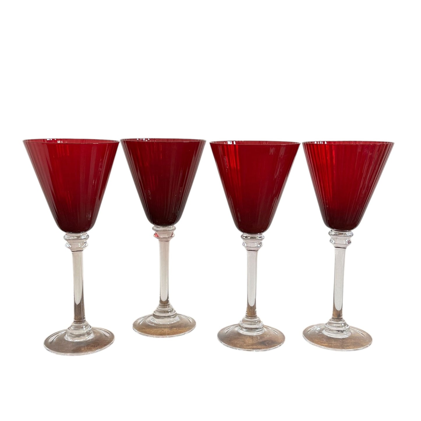 Elegant Fluted and Ribbed Ruby Red Wine Glasses with Clear Stems, Set of 4