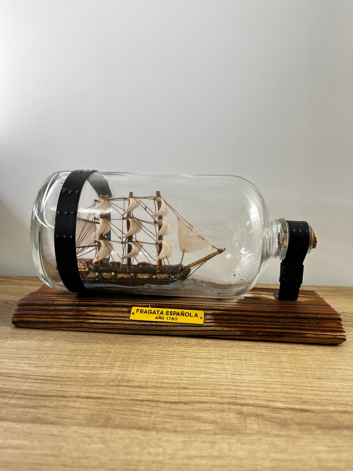 Vintage  Fragata Espanola Boat in a glass bottle on a wooden base, Made in Spain