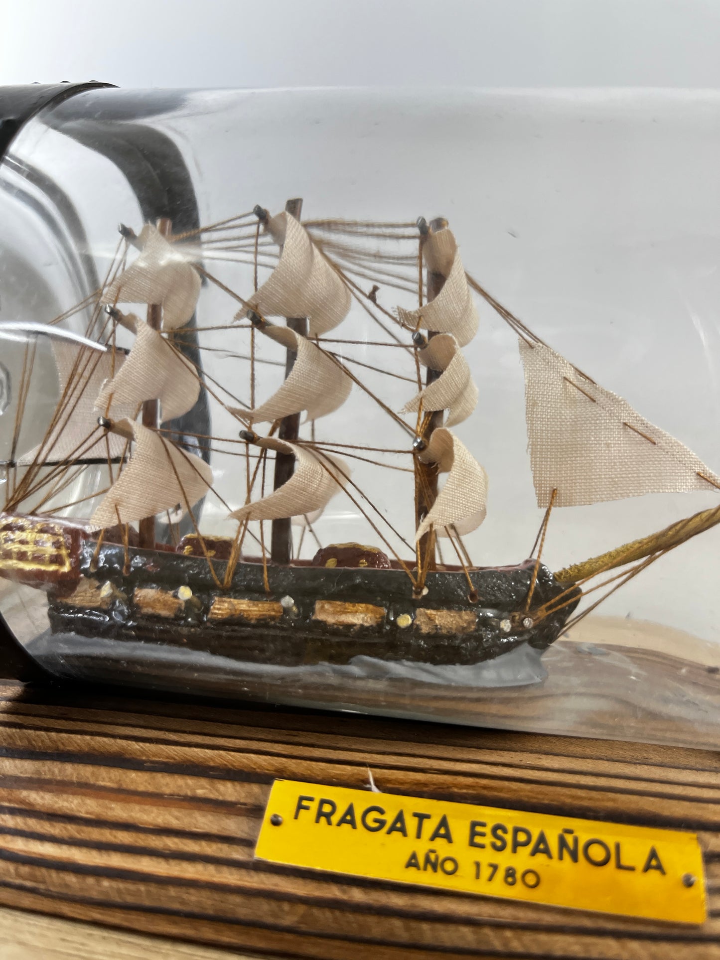 Vintage  Fragata Espanola Boat in a glass bottle on a wooden base, Made in Spain