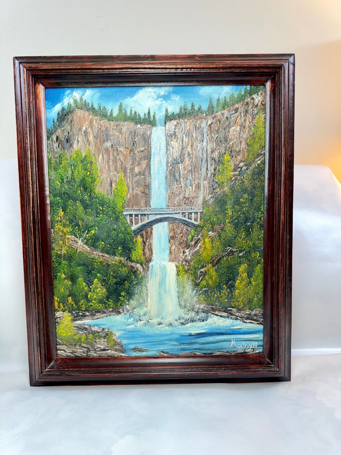 Vintage Multnomah Falls, Oregon Acrylic Painting 3D Original Art 23" Height