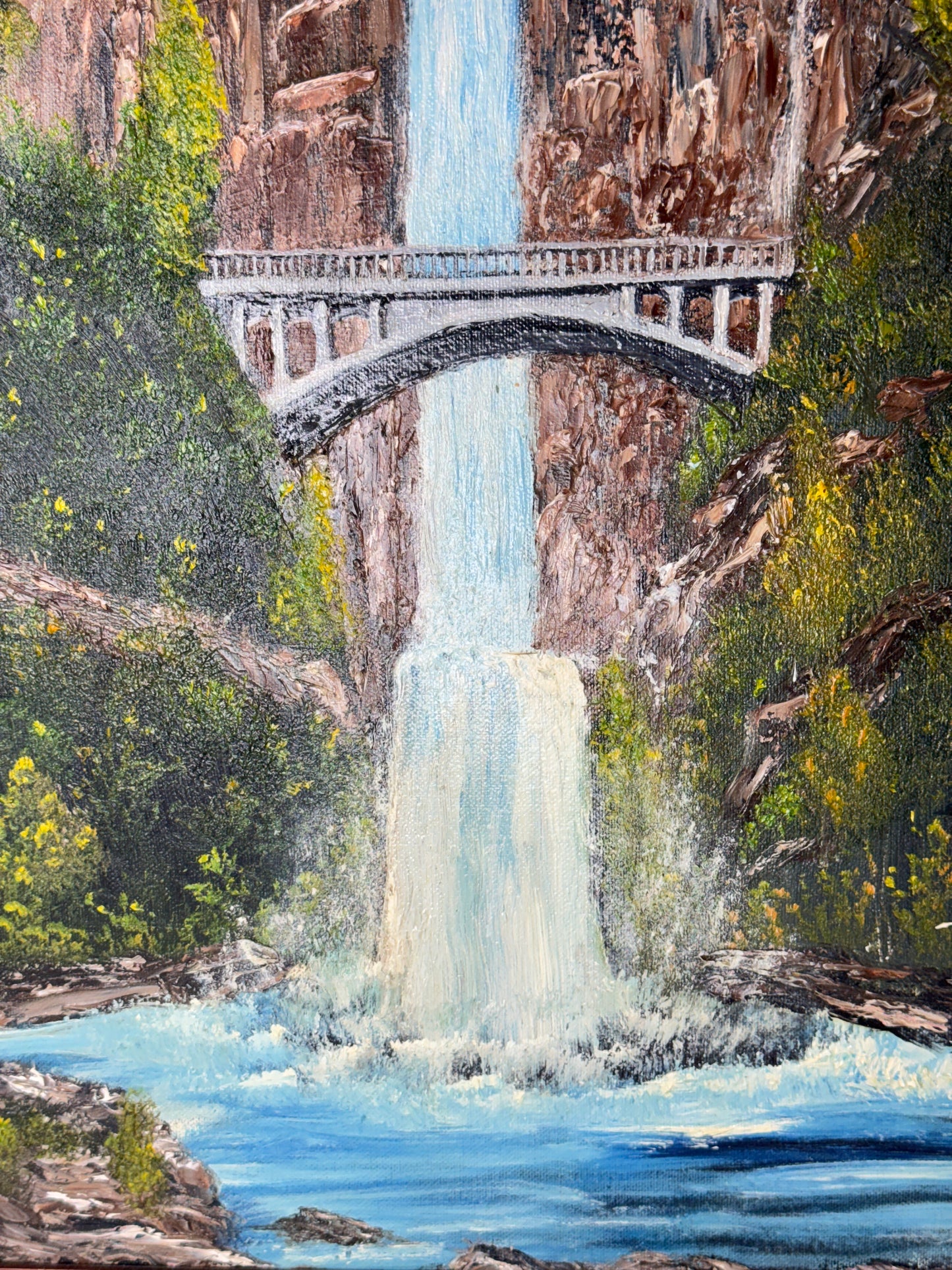 Vintage Multnomah Falls, Oregon Acrylic Painting 3D Original Art 23" Height