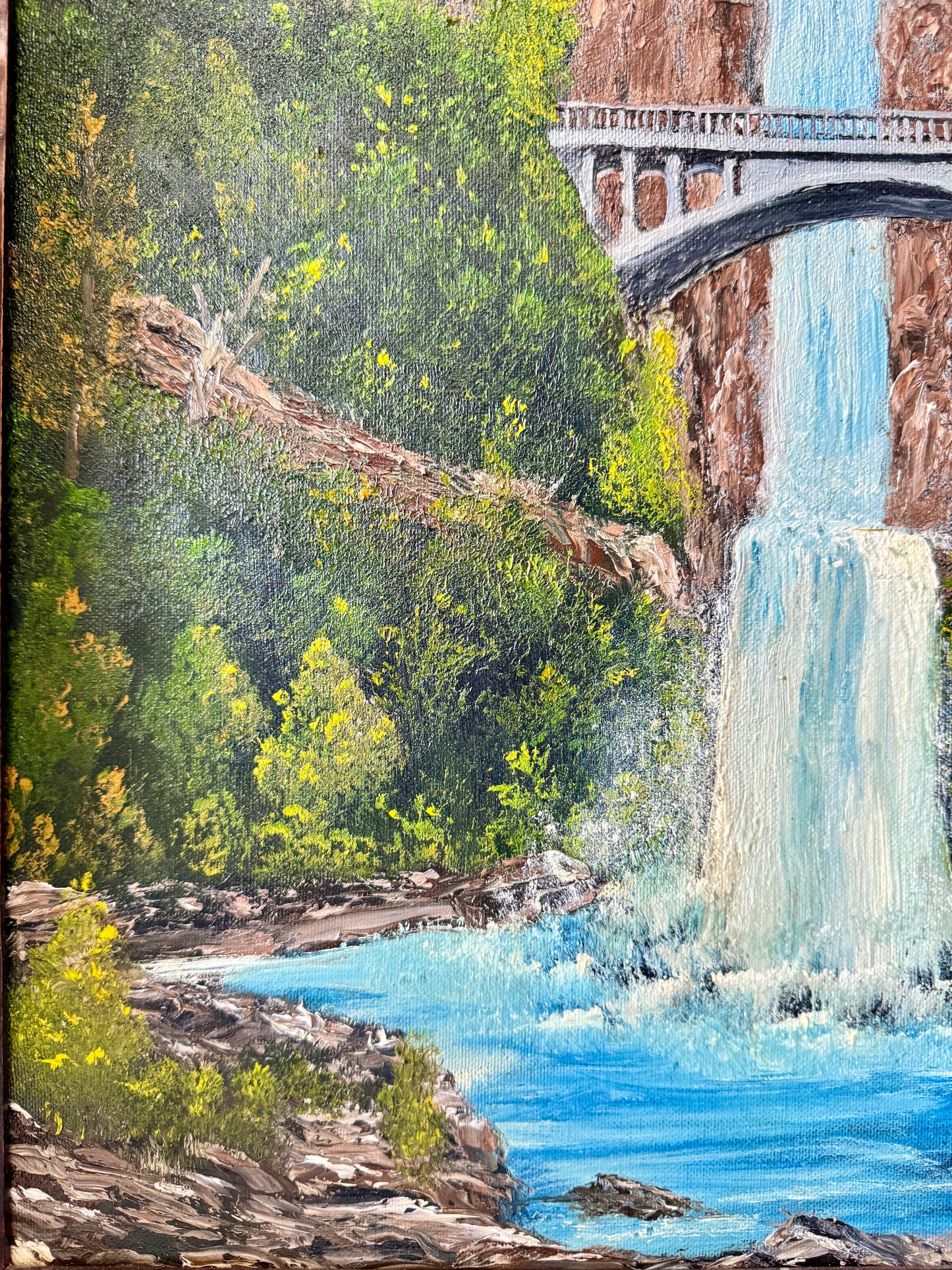 Vintage Multnomah Falls, Oregon Acrylic Painting 3D Original Art 23" Height