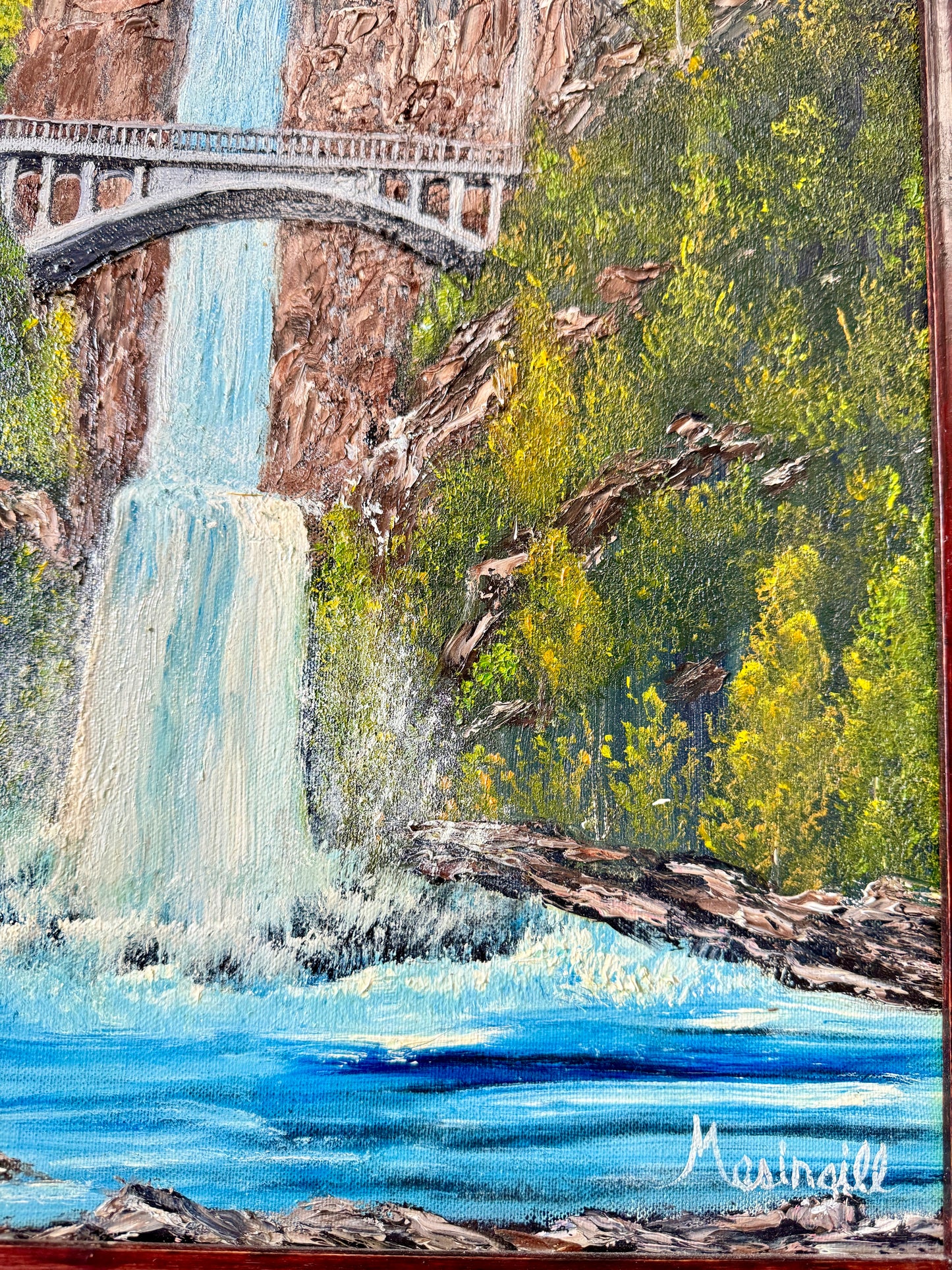 Vintage Multnomah Falls, Oregon Acrylic Painting 3D Original Art 23" Height