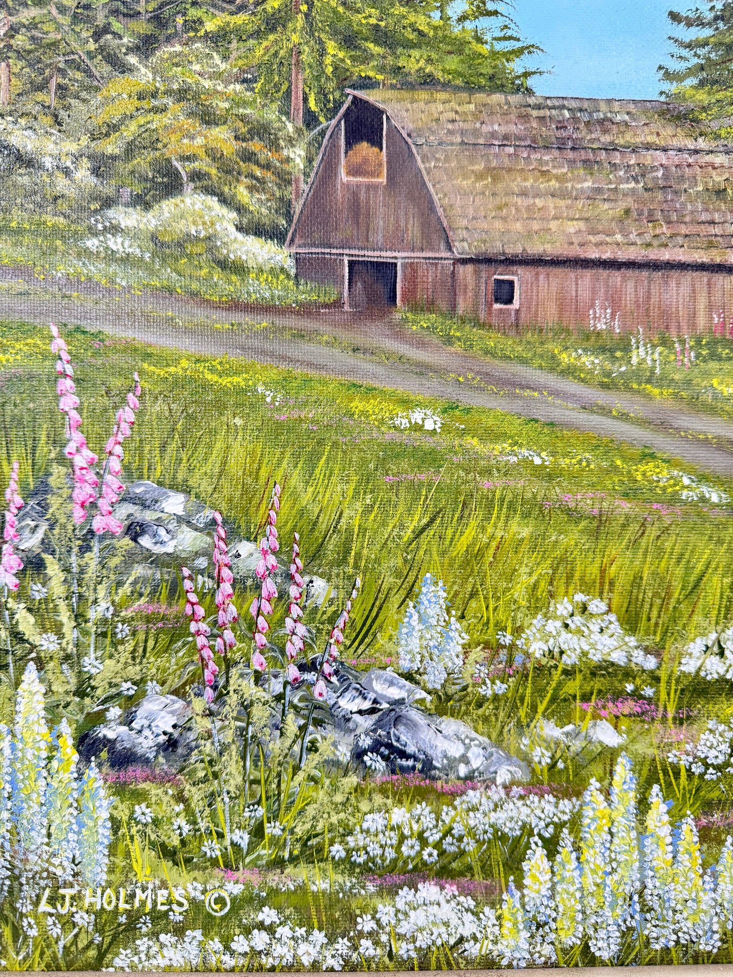 Original Oil Painting Old Barn and Pasture with Wildflowers By LJ Holmes