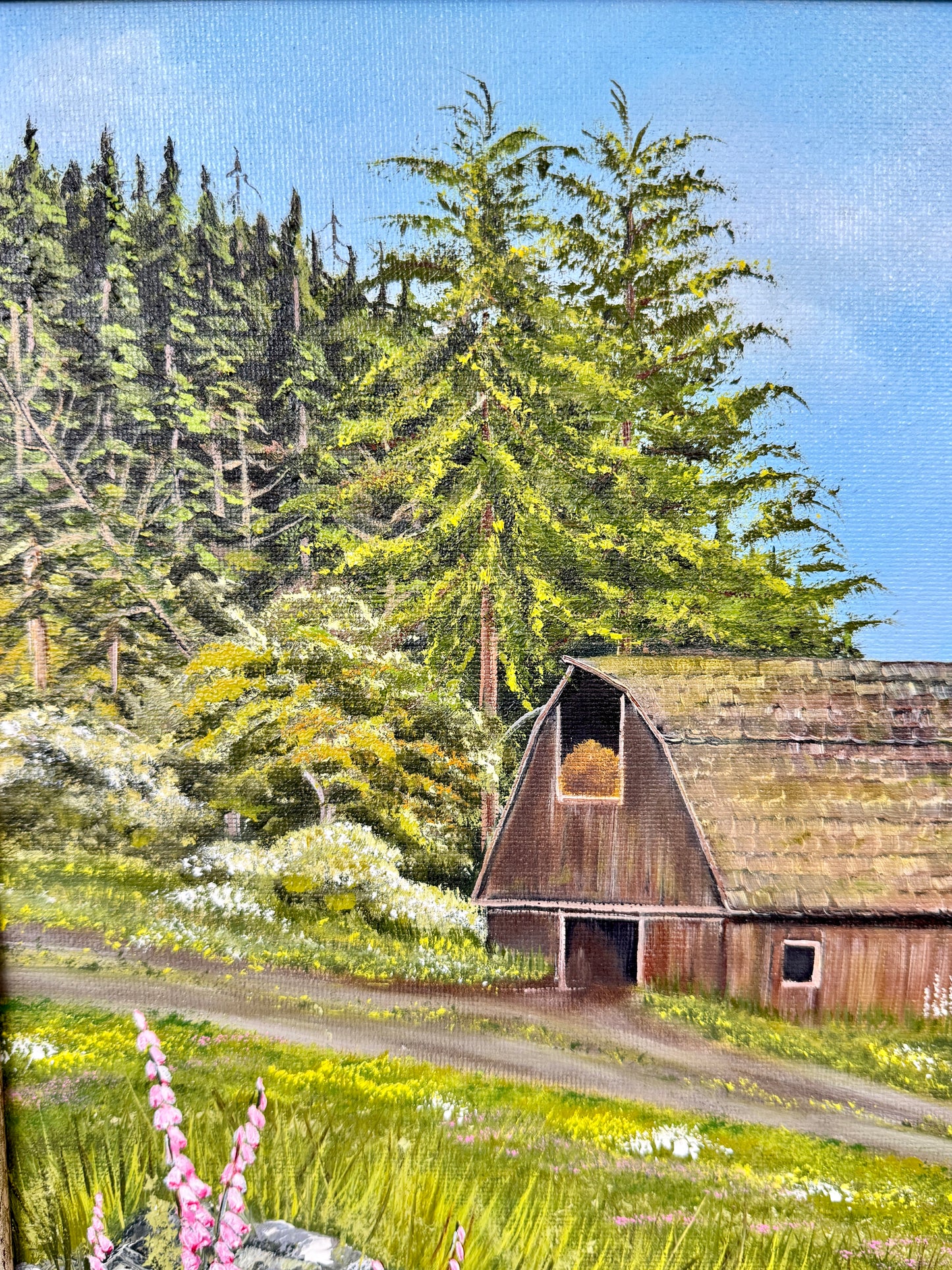 Original Oil Painting Old Barn and Pasture with Wildflowers By LJ Holmes