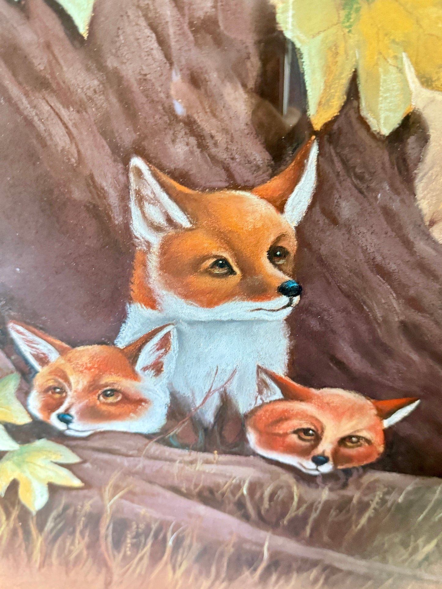 Old Fox Family Original Painting in Oil Pastel Art L 21.1/10" x H 25.2/2"