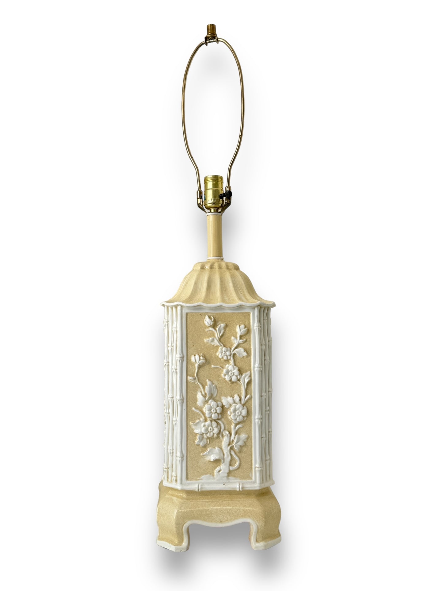 Vintage Pagoda Style Italian Ceramic Table Lamps With Creamy White Bamboo And Floral Design