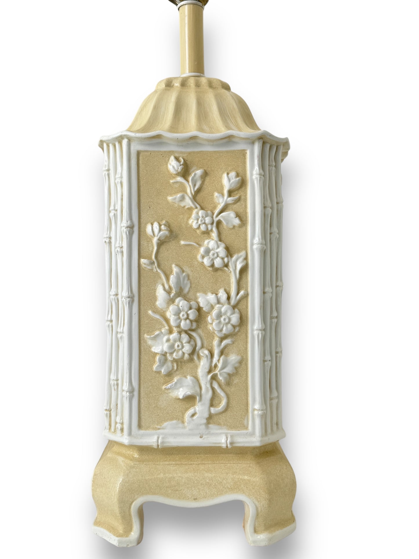 Vintage Pagoda Style Italian Ceramic Table Lamps With Creamy White Bamboo And Floral Design