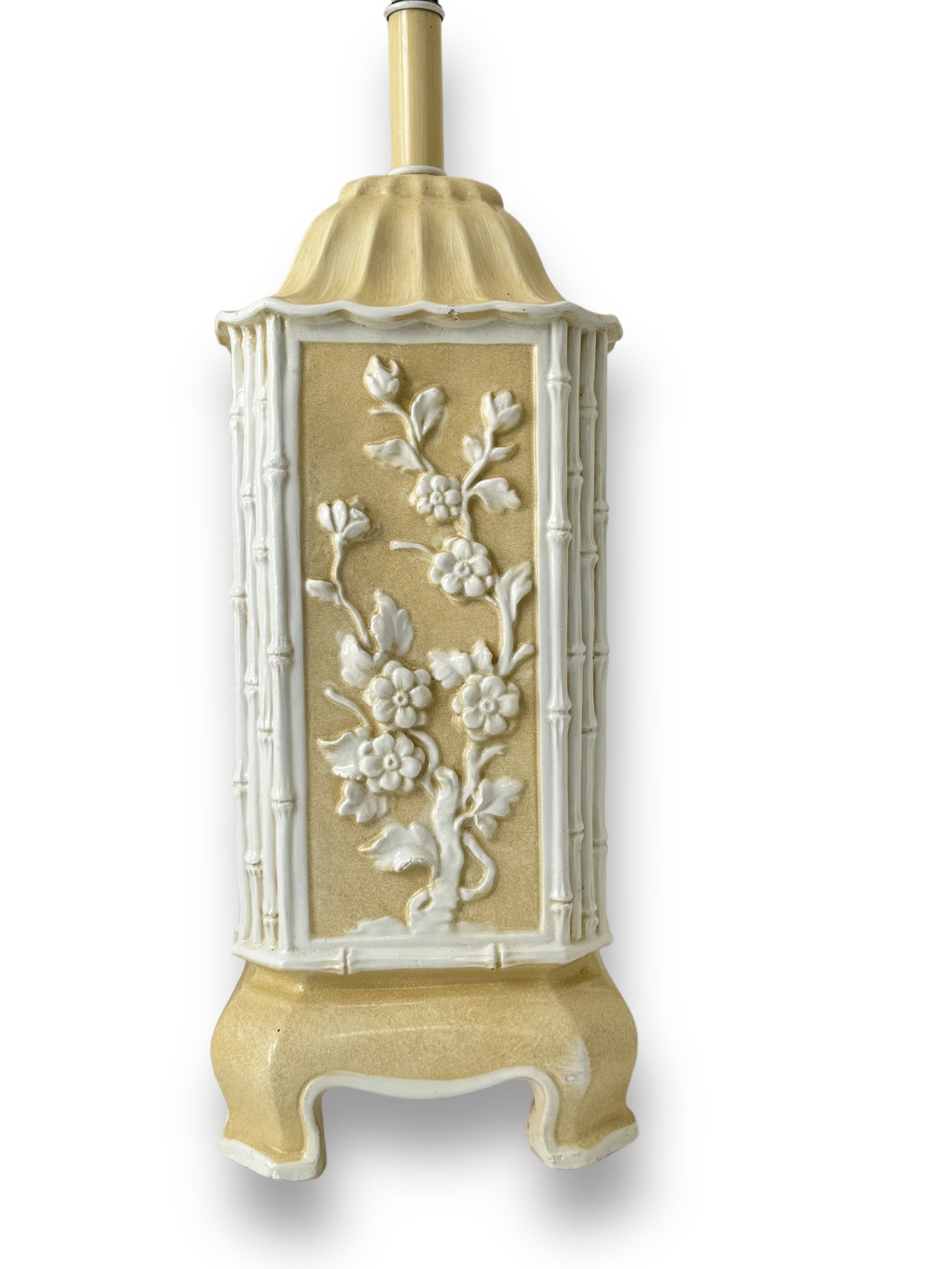 Vintage Pagoda Style Italian Ceramic Table Lamps With Creamy White Bamboo And Floral Design