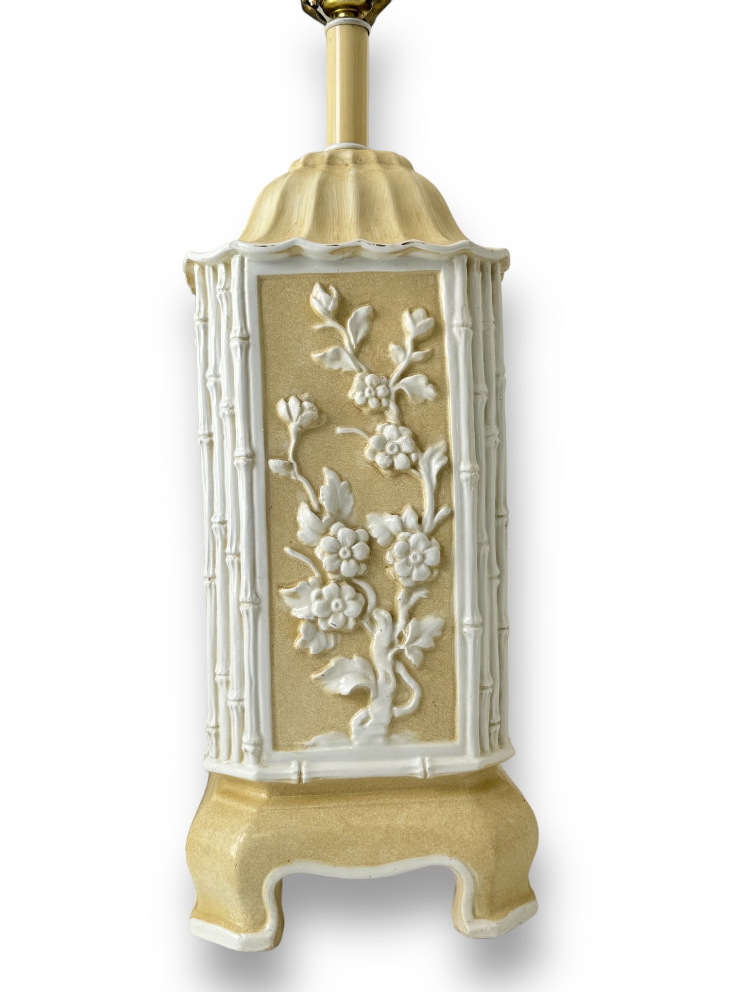 Vintage Pagoda Style Italian Ceramic Table Lamps With Creamy White Bamboo And Floral Design