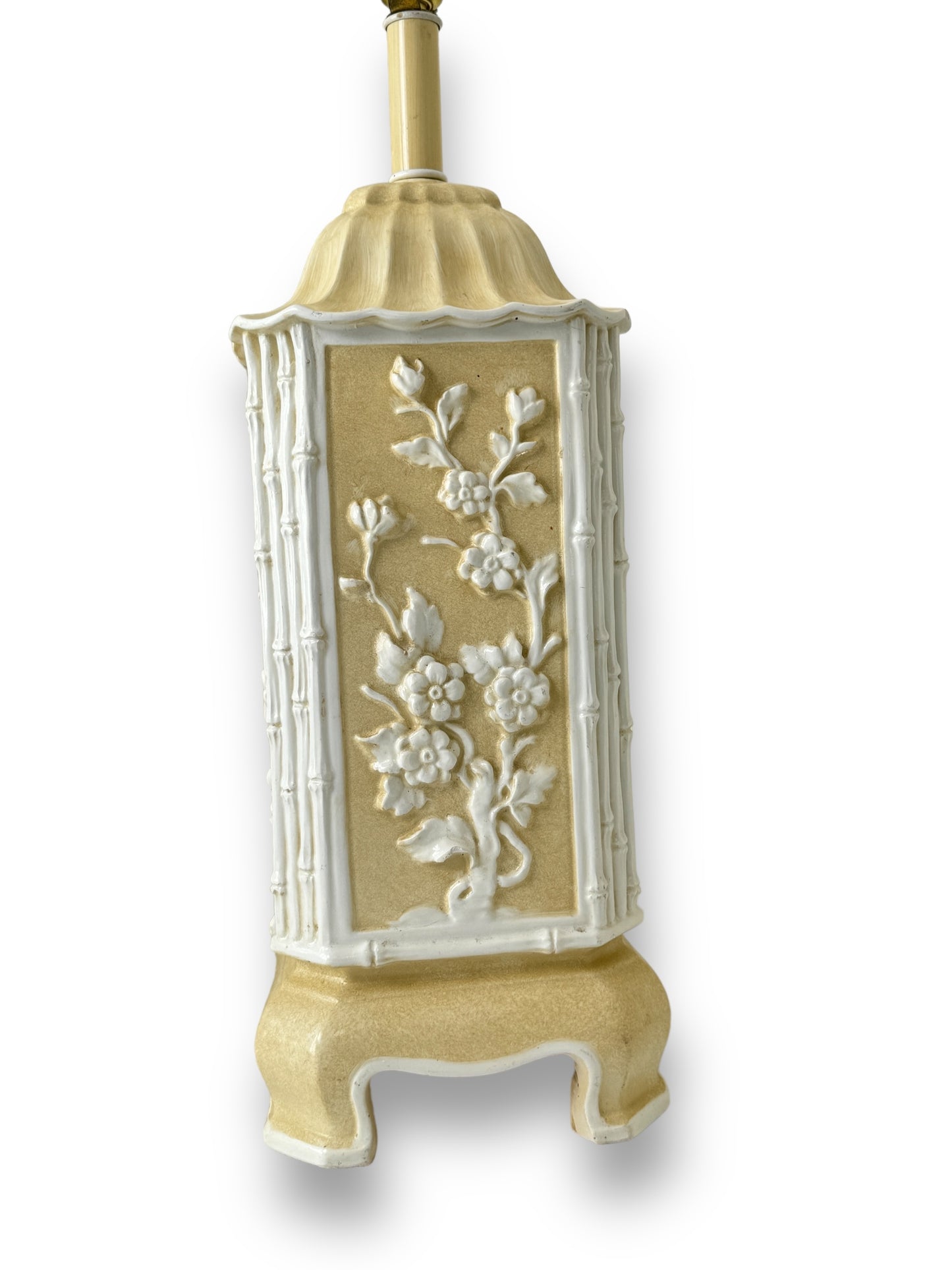 Vintage Pagoda Style Italian Ceramic Table Lamps With Creamy White Bamboo And Floral Design