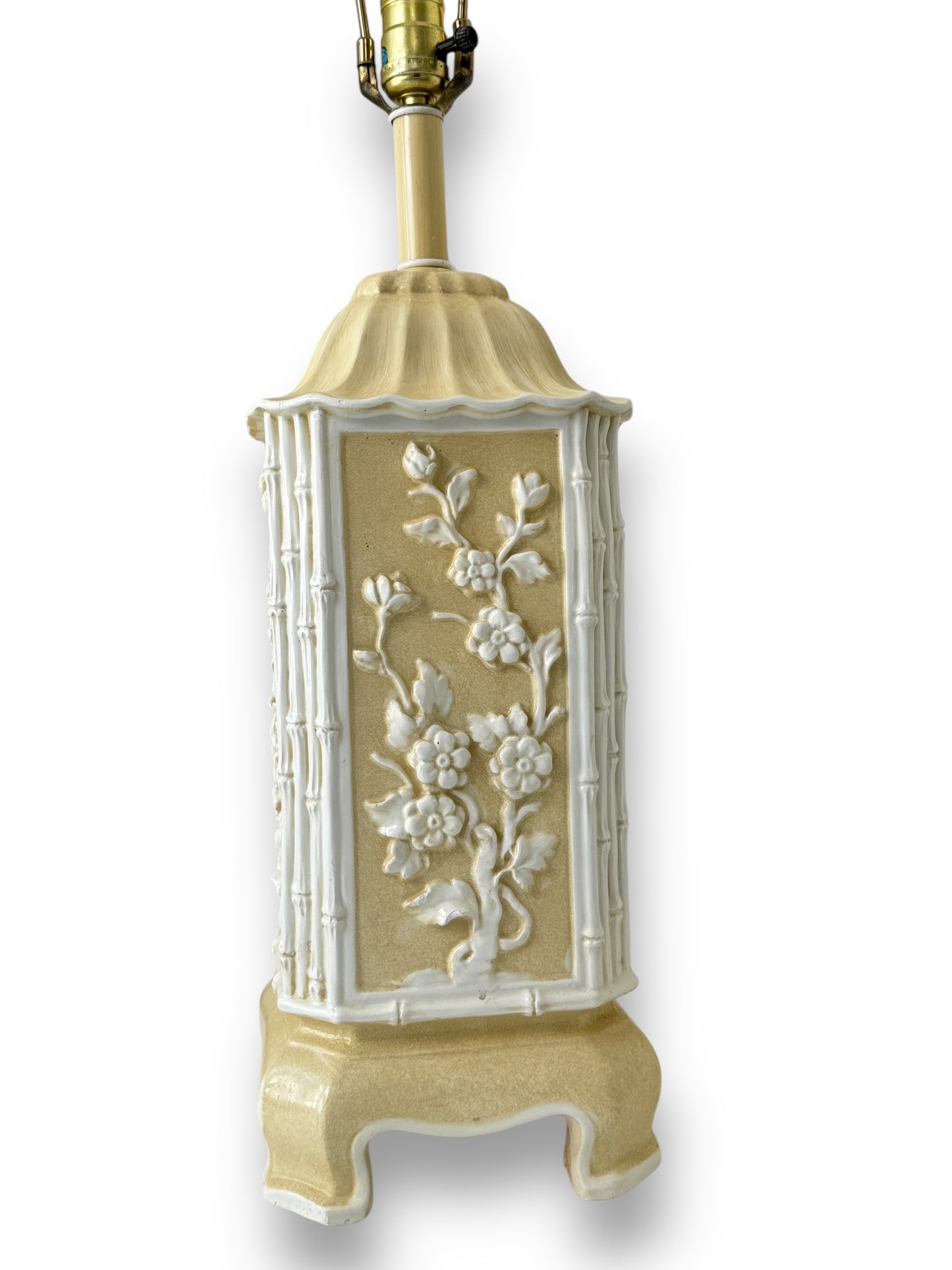 Vintage Pagoda Style Italian Ceramic Table Lamps With Creamy White Bamboo And Floral Design