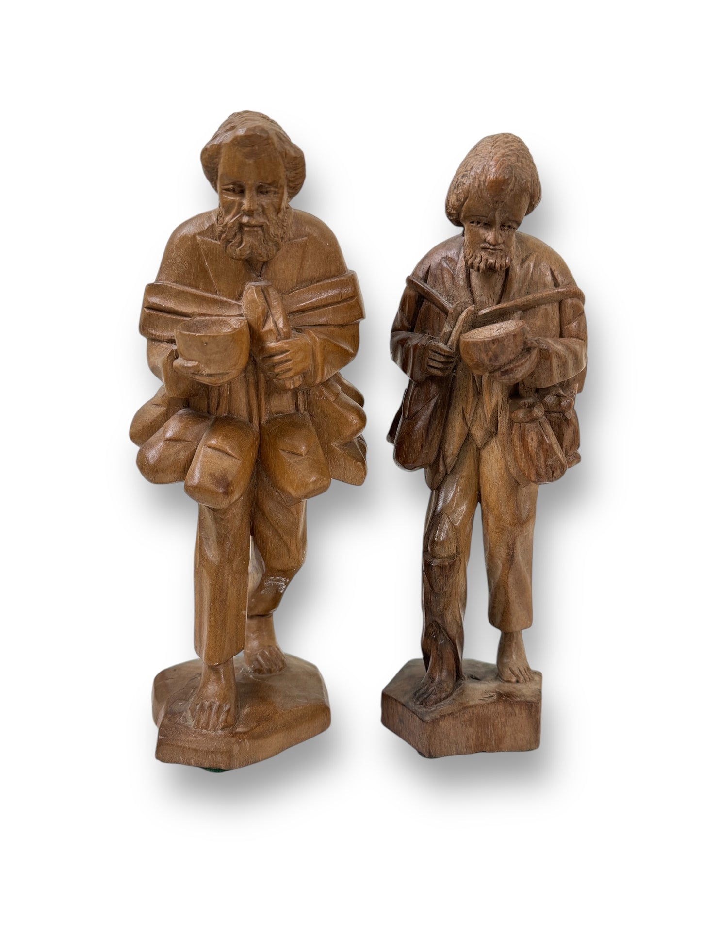 Vintage Pair of Carved Wood Sculptures Of an Old Man With Backpack 9" Tall