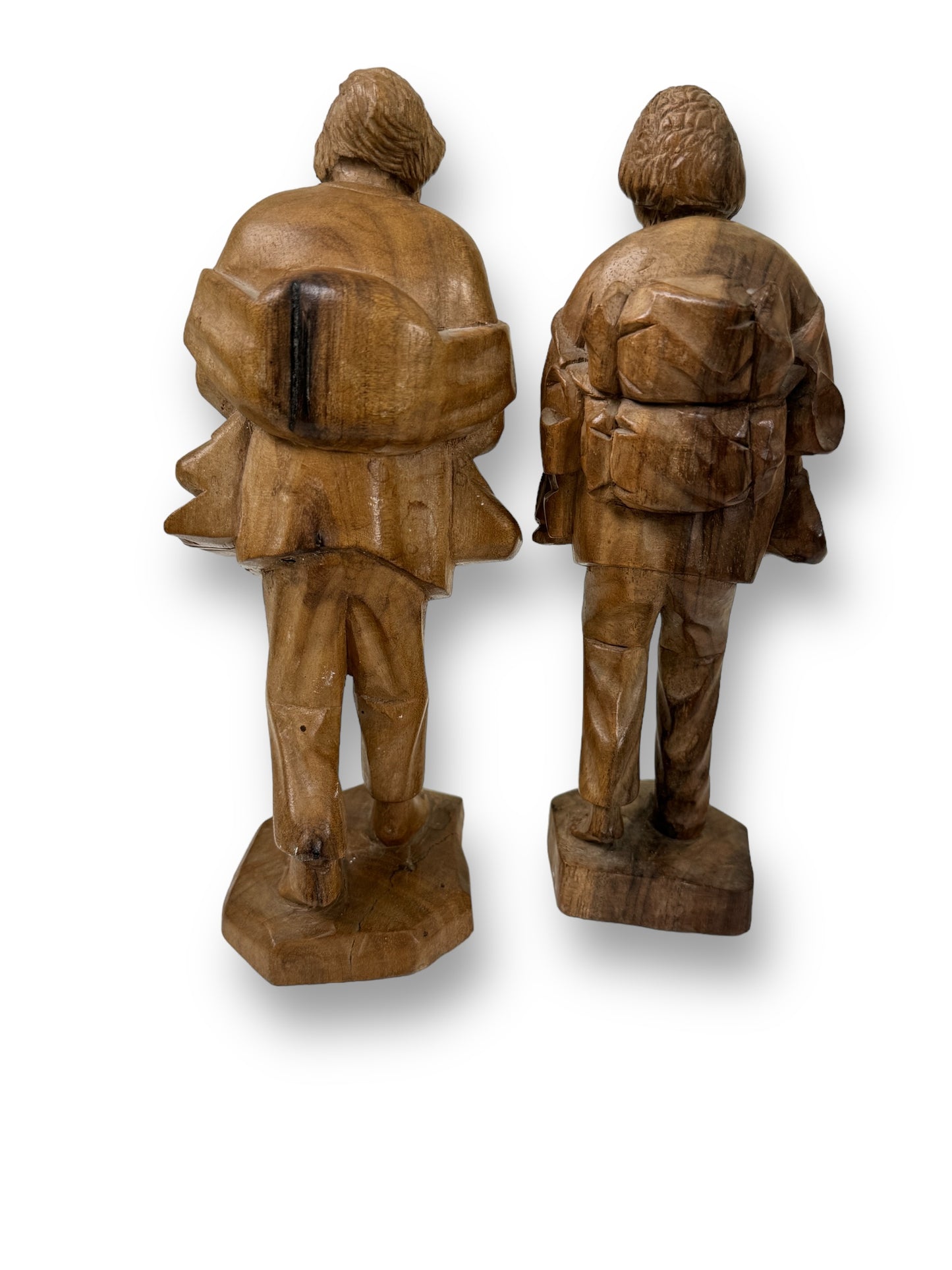 Vintage Pair of Carved Wood Sculptures Of an Old Man With Backpack 9" Tall