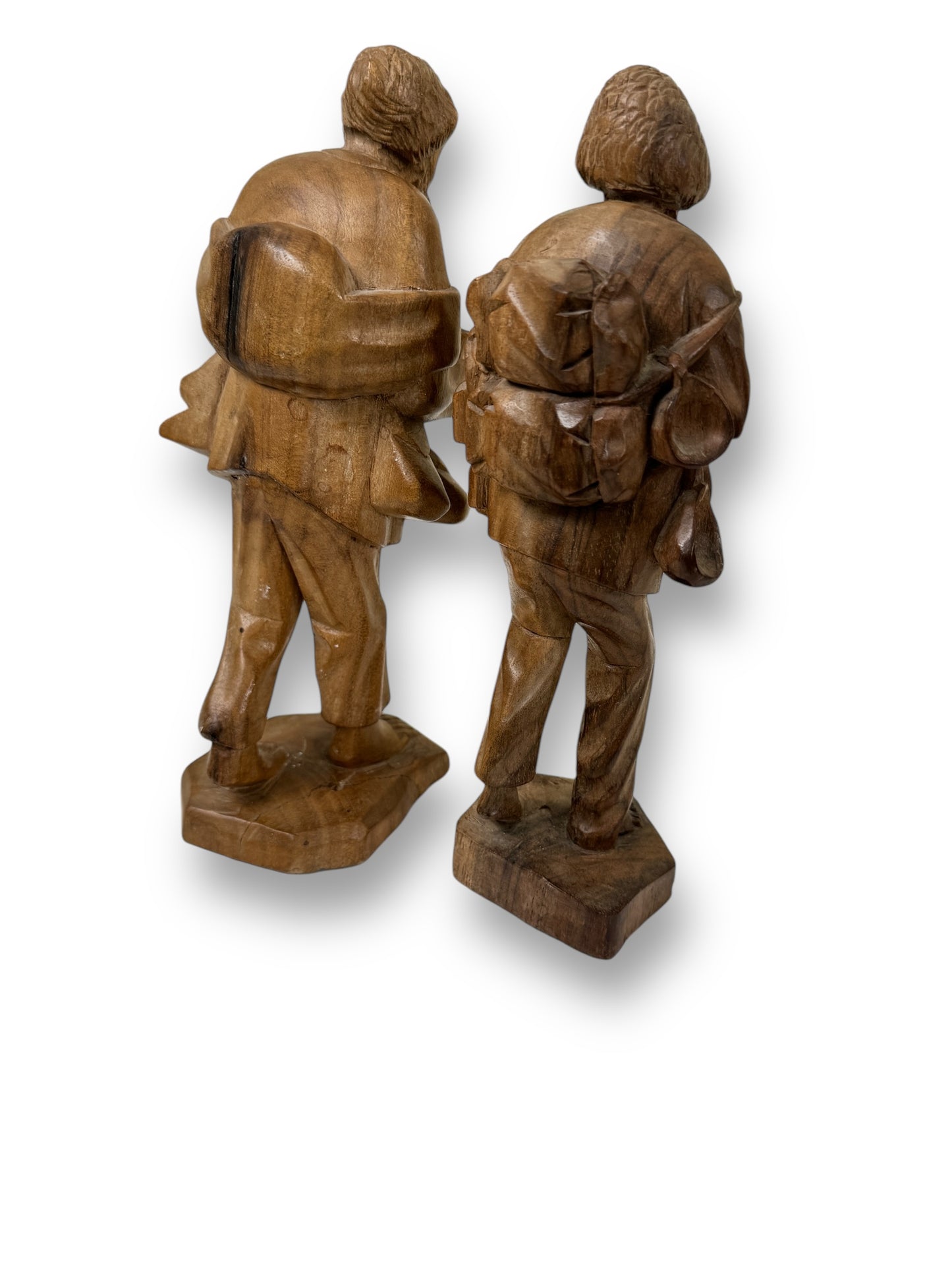 Vintage Pair of Carved Wood Sculptures Of an Old Man With Backpack 9" Tall