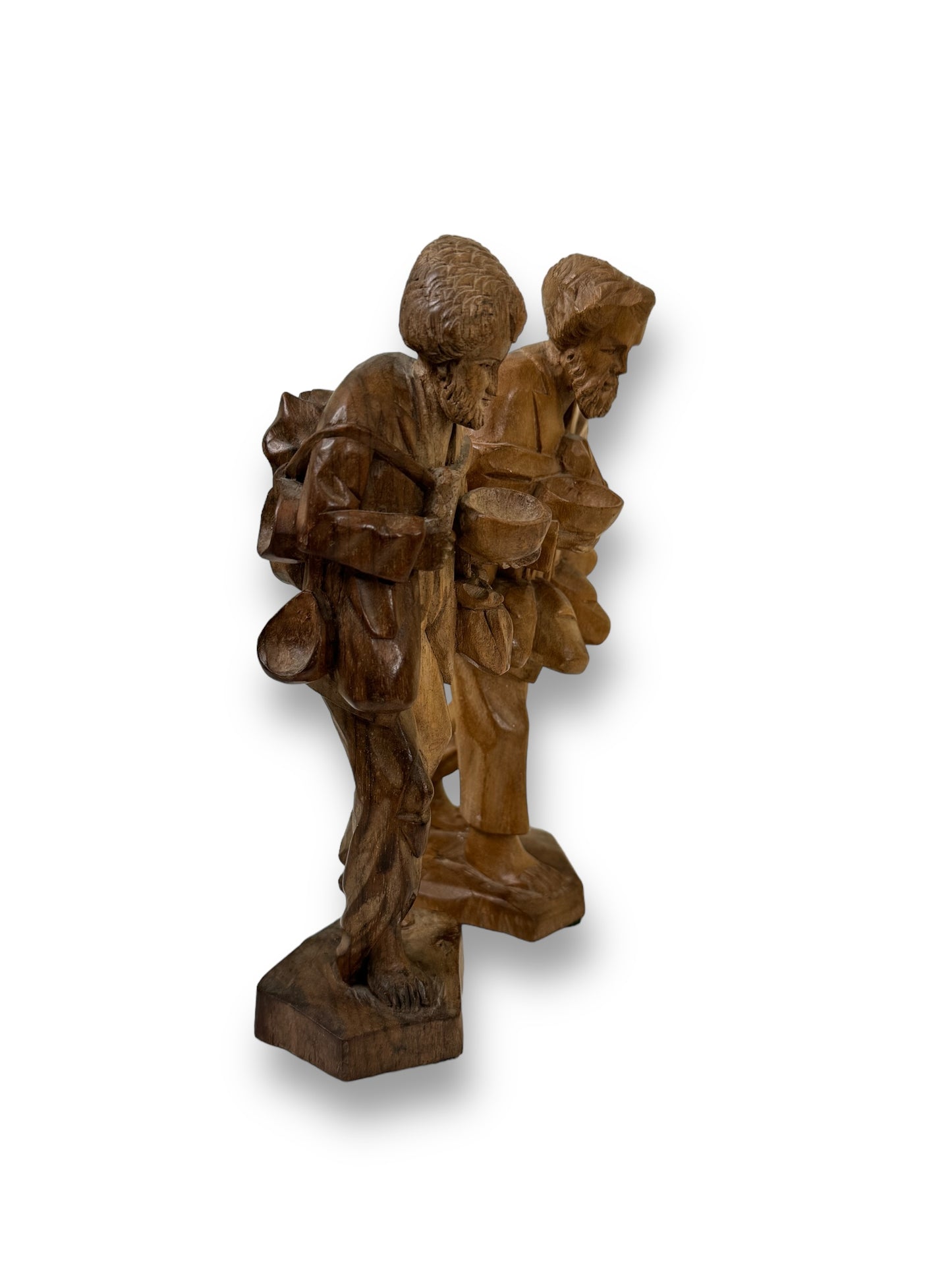 Vintage Pair of Carved Wood Sculptures Of an Old Man With Backpack 9" Tall