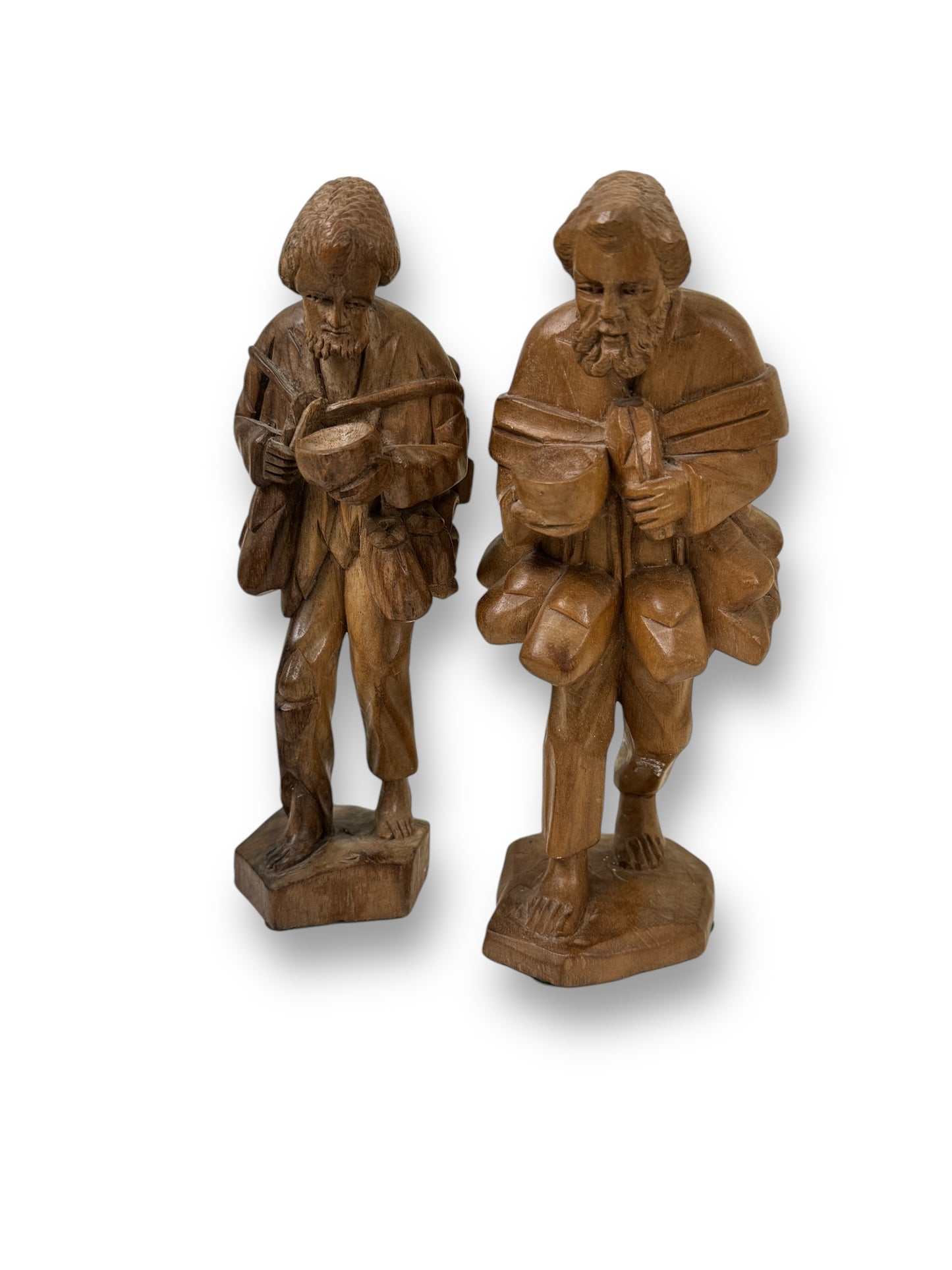 Vintage Pair of Carved Wood Sculptures Of an Old Man With Backpack 9" Tall